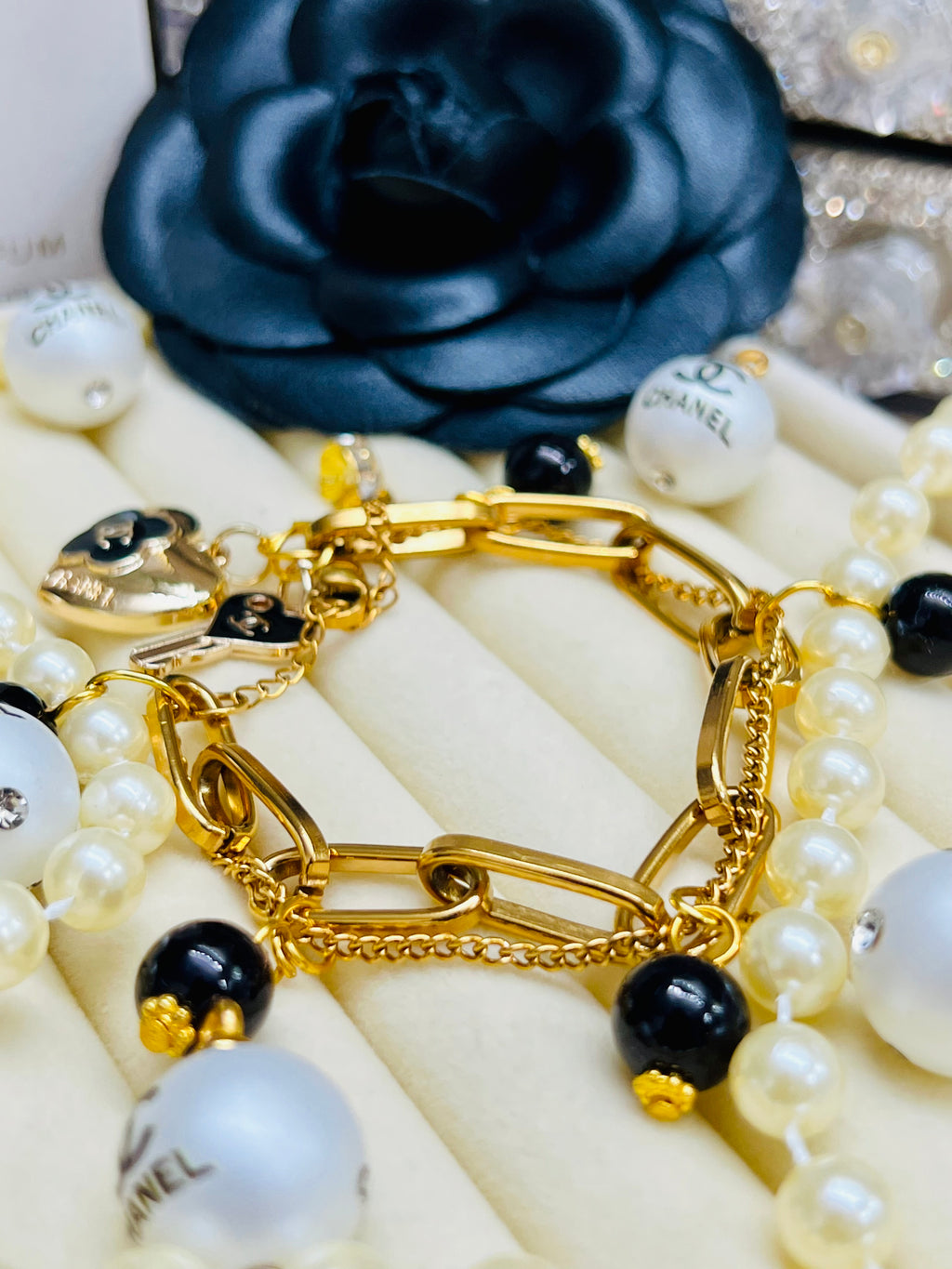 CHANEL Gold & Black Charm Chain Bracelet Heart Dangle