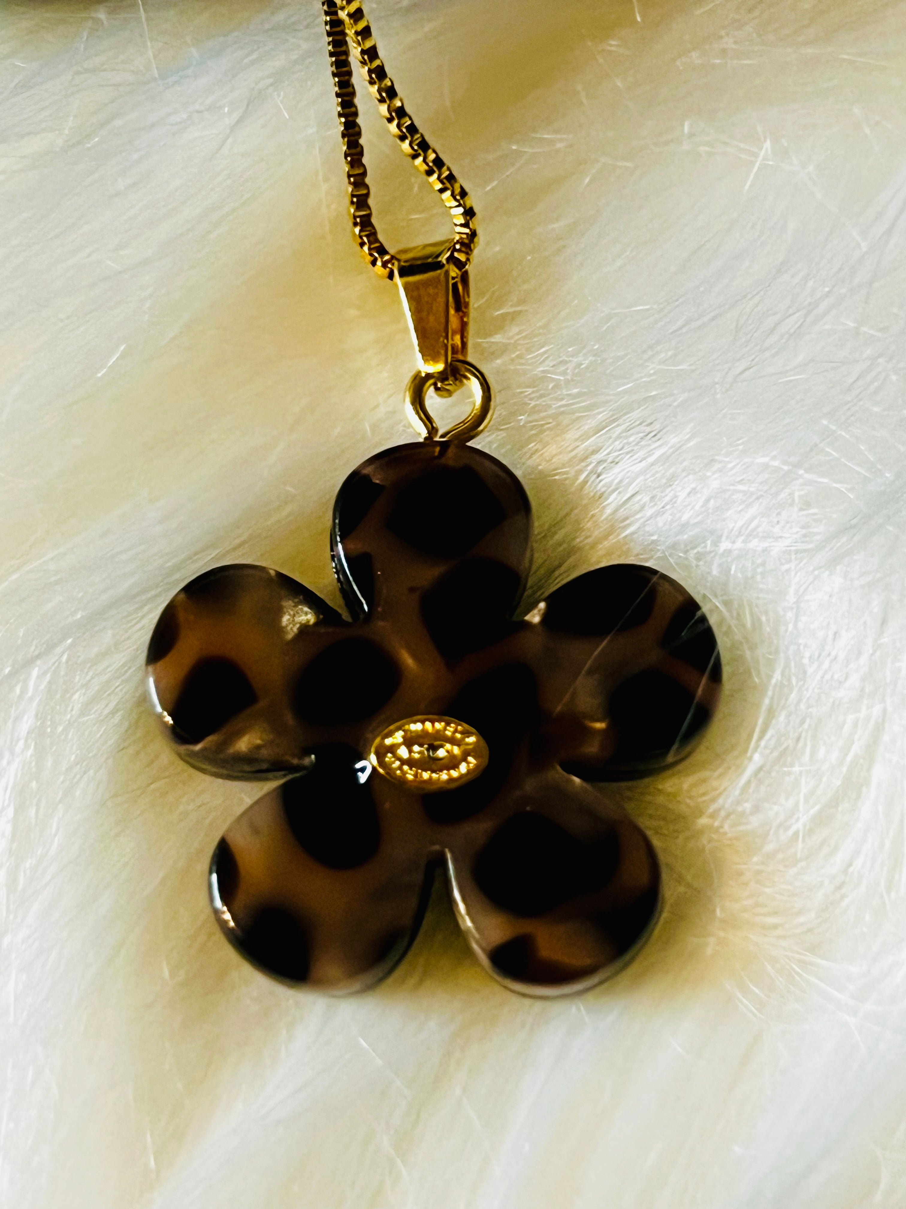 CHANEL Cheetah Print with Gold Lettering Flower Style Pendant Necklace