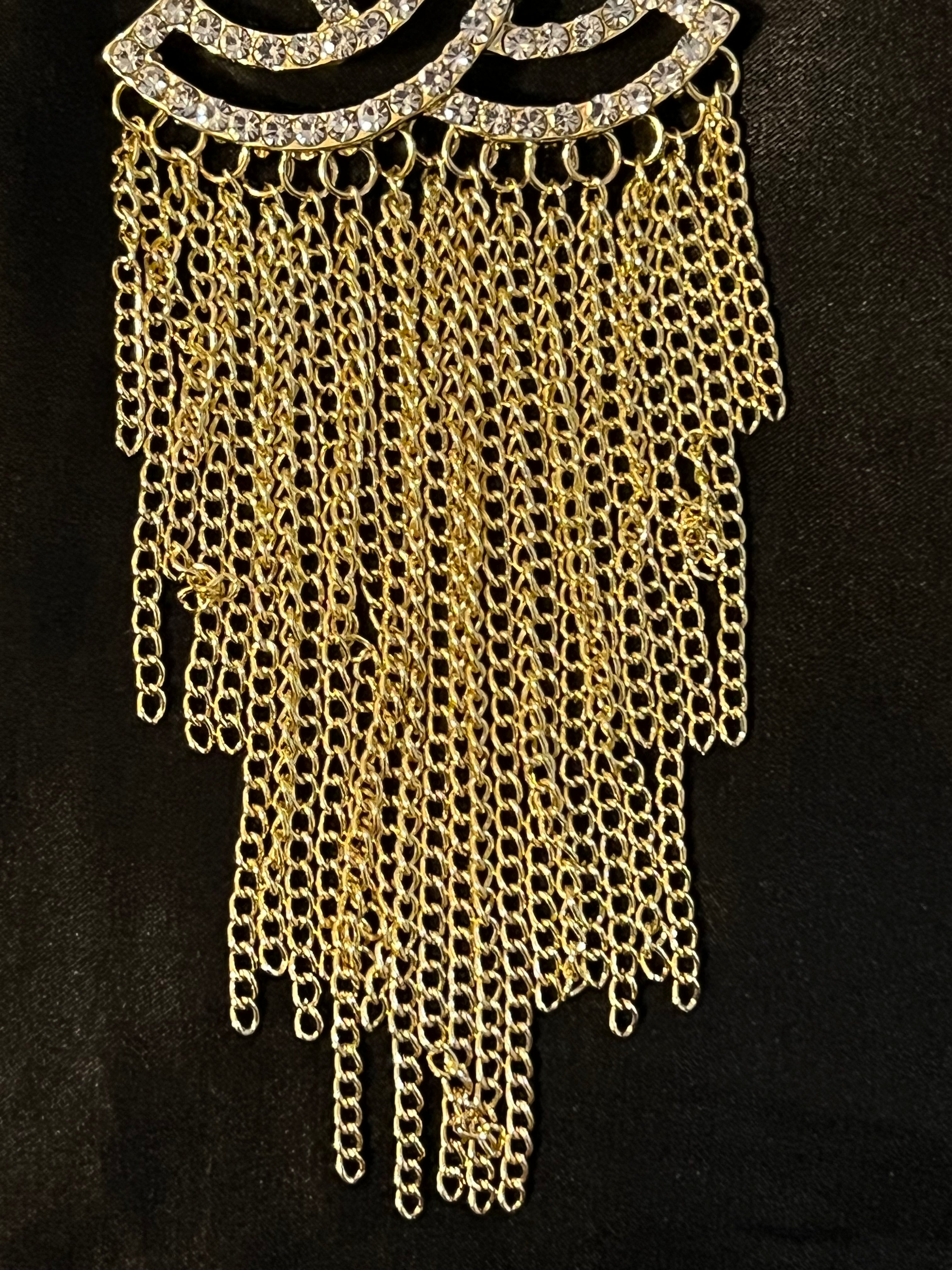 Chanel Gold Crystal Chain Fringe Brooch