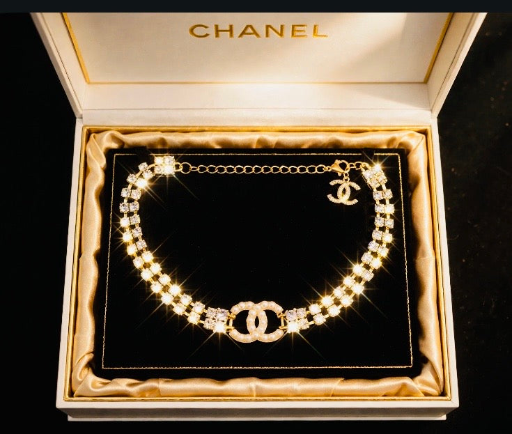 CHANEL Style Gold CC Pearl Crystal Baguette Choker Necklace / 2022 Collection Tennis Choker