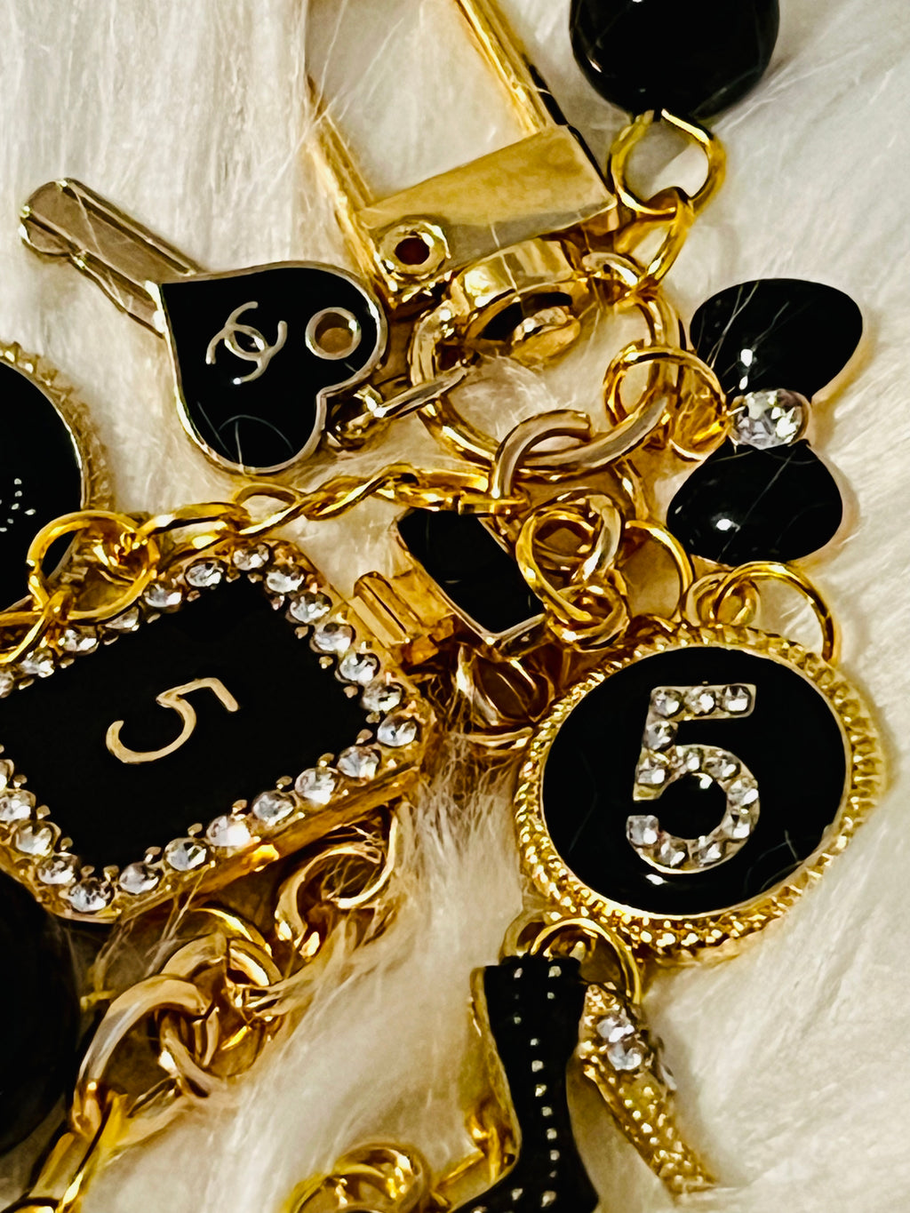 Chanel Inspired all Black Glam Style Bag Charm Keychain- Rhinestone No 5, Stilettos, bow, bag, flower