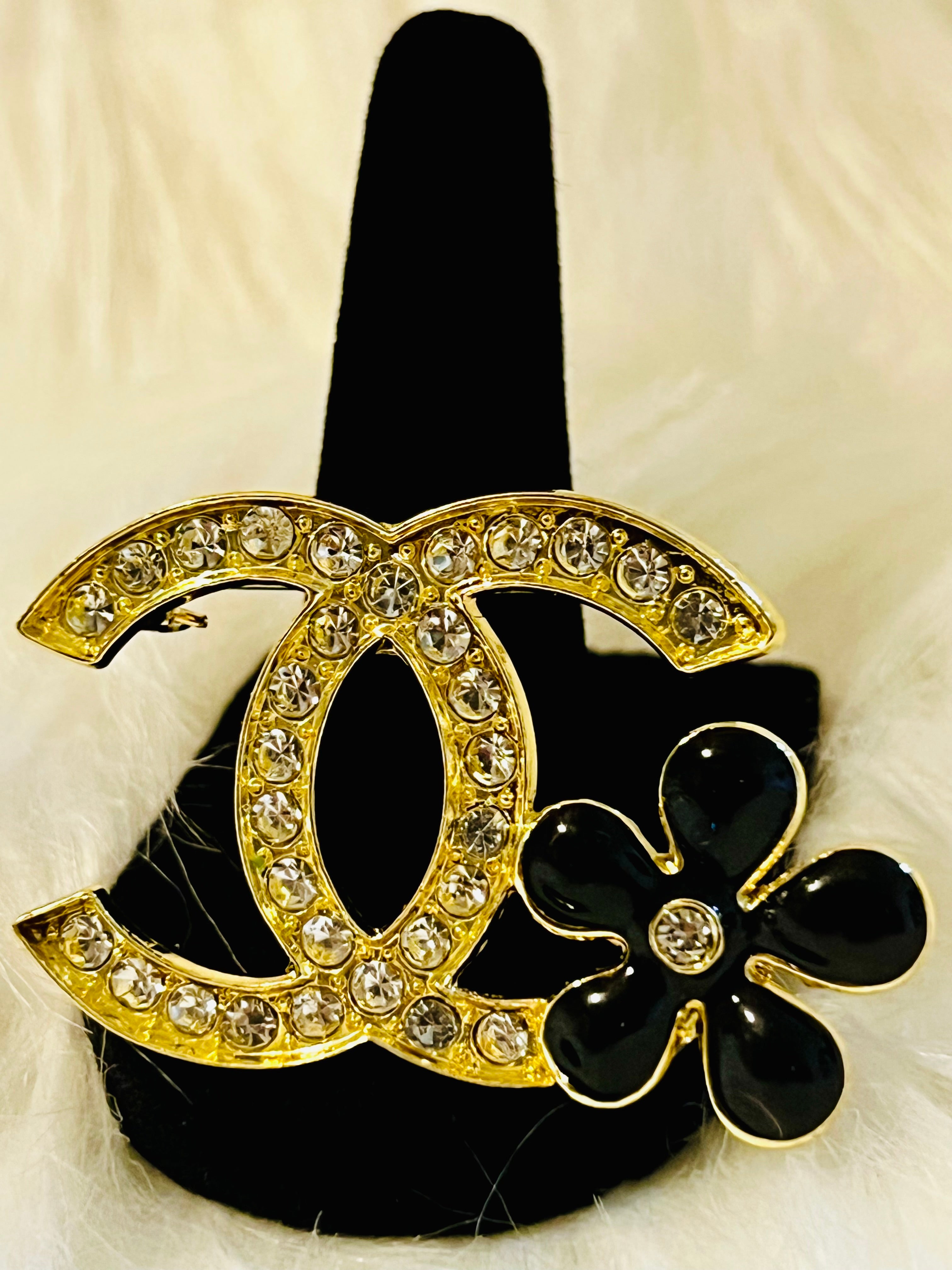 CHANEL Gold Rhinestone with Black Flower Brooch