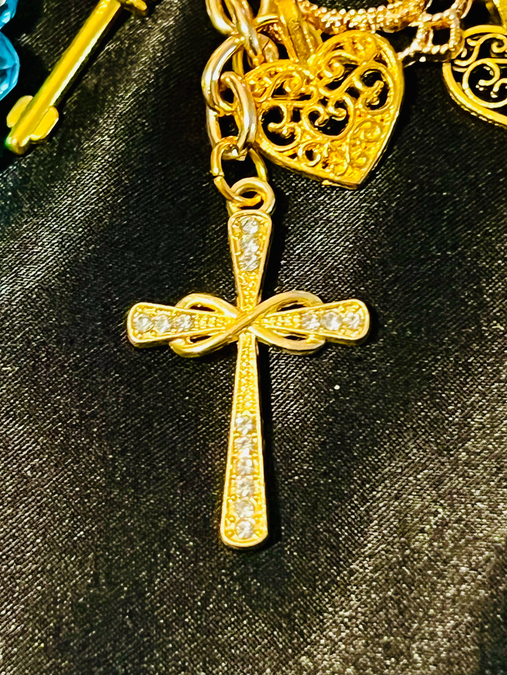 Rhinestone Heart Cross & Key Gold Keychain with Blue Glass & Bell Link