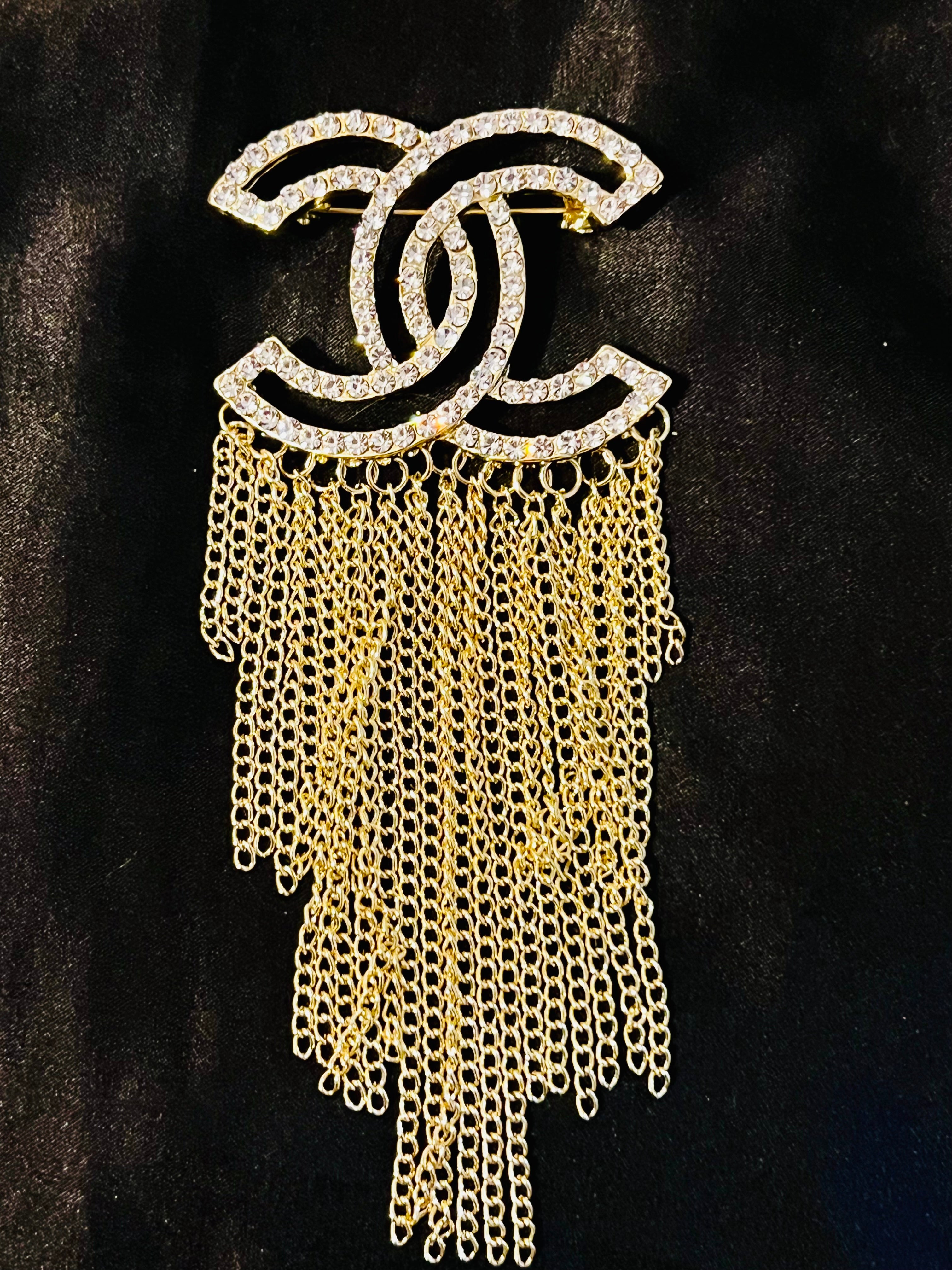 Chanel Gold Crystal Chain Fringe Brooch