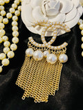 Chanel Pearl set in Gold Fringe Chain Brooch
