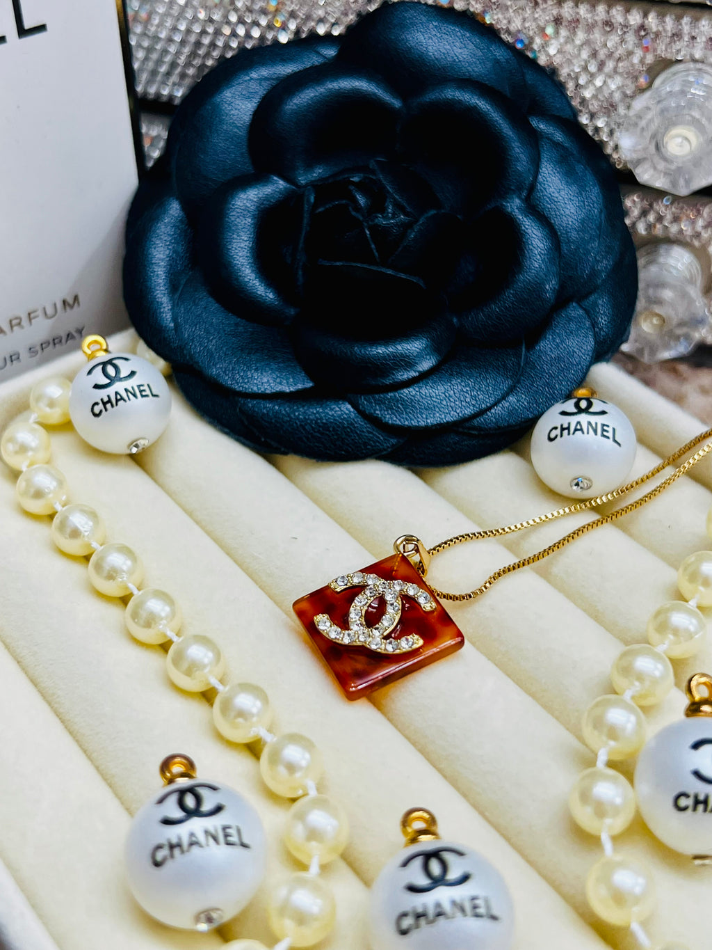 CHANEL Cheetah Print with SilverLettering Diamond Pendant Necklace