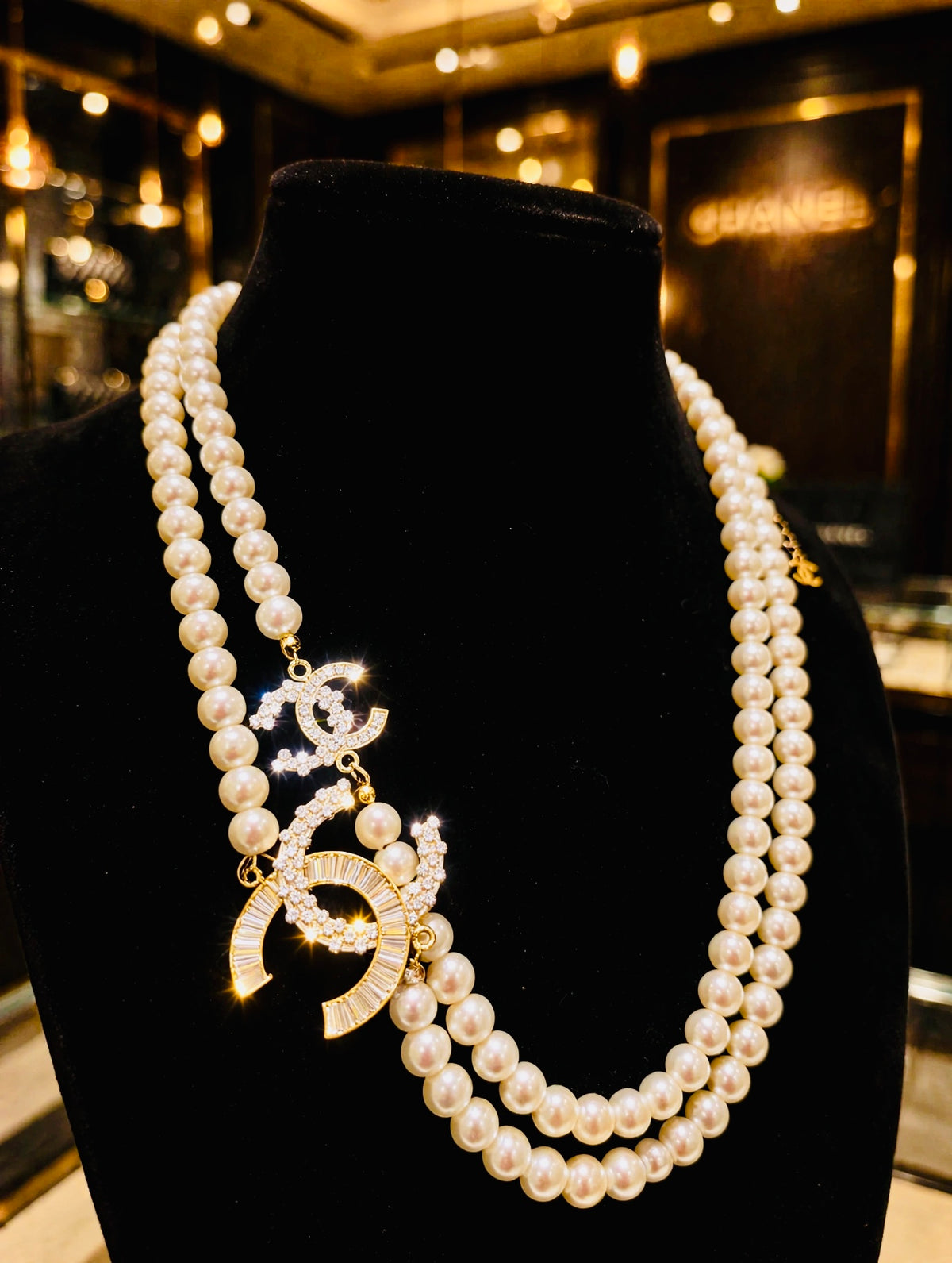 Vintage Chanel Double Strand Faux Pearl Necklace with Crystal Interlocking CC Charms