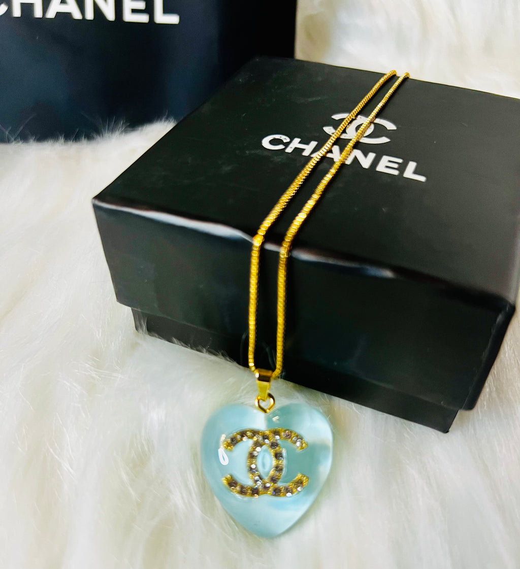 CHANEL Blue Stone with Gold Lettering Heart Pendant Necklace