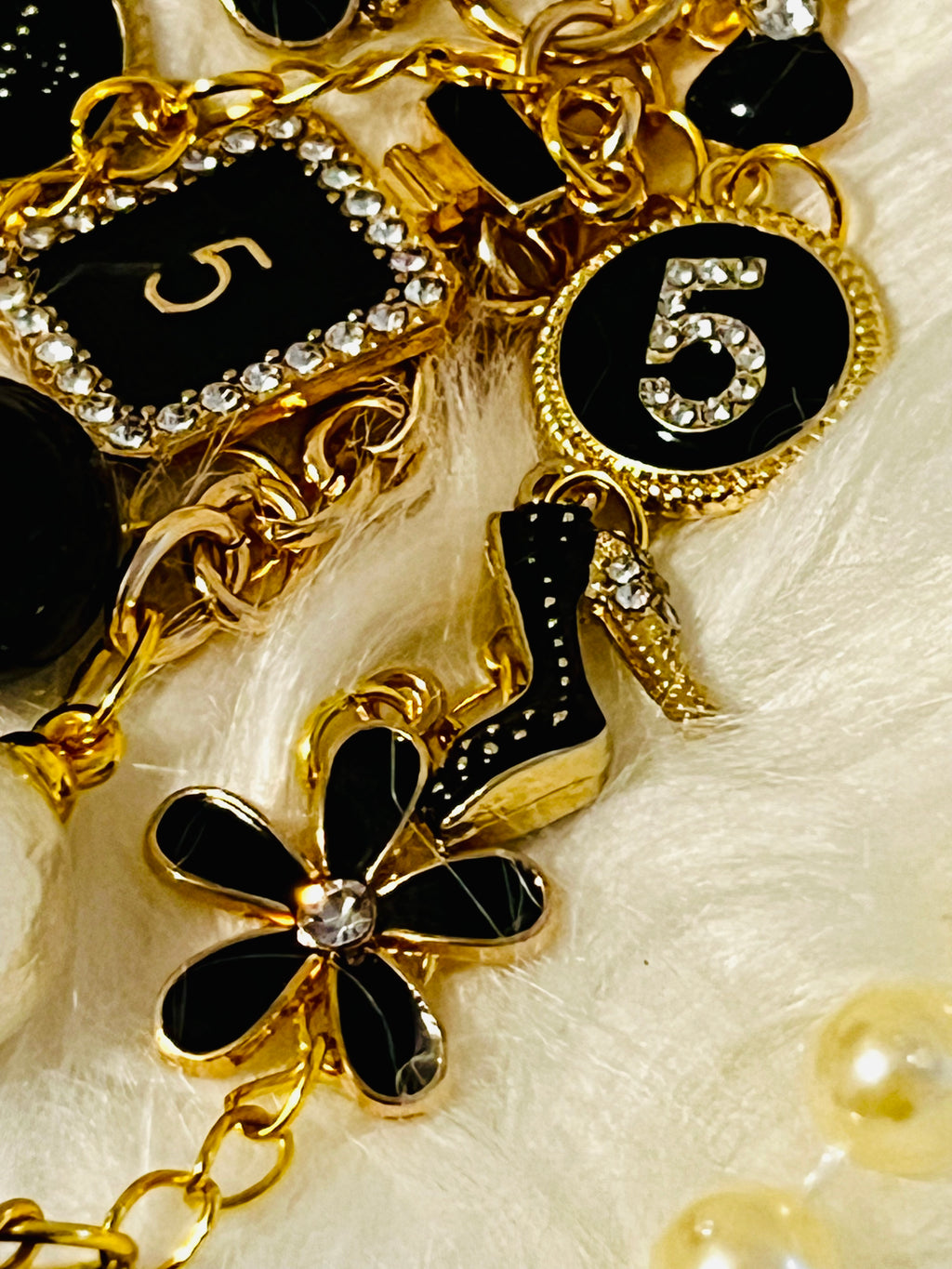 Chanel Inspired all Black Glam Style Bag Charm Keychain- Rhinestone No 5, Stilettos, bow, bag, flower