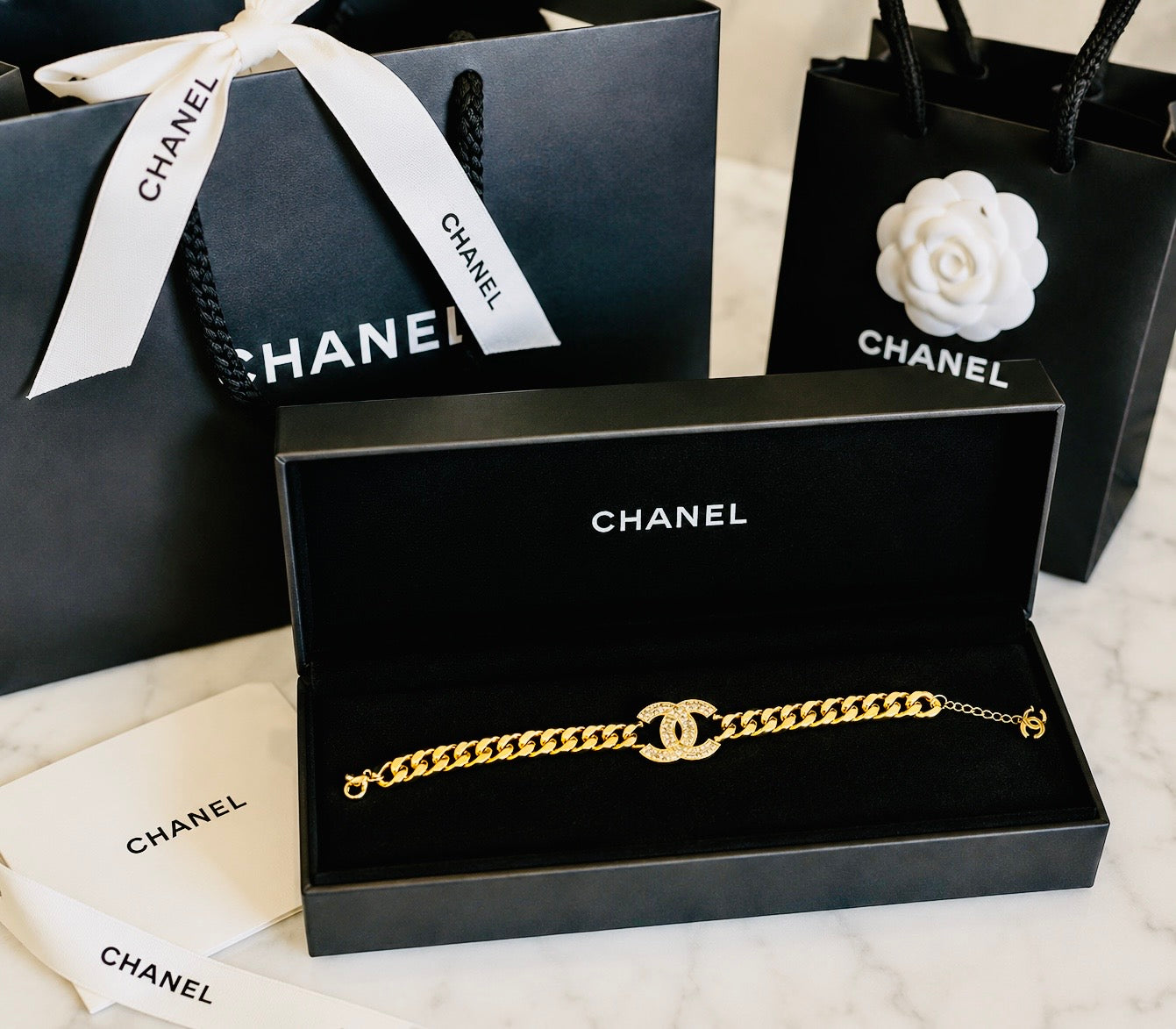 Chanel Logo Cuban Link Golden Bracelet