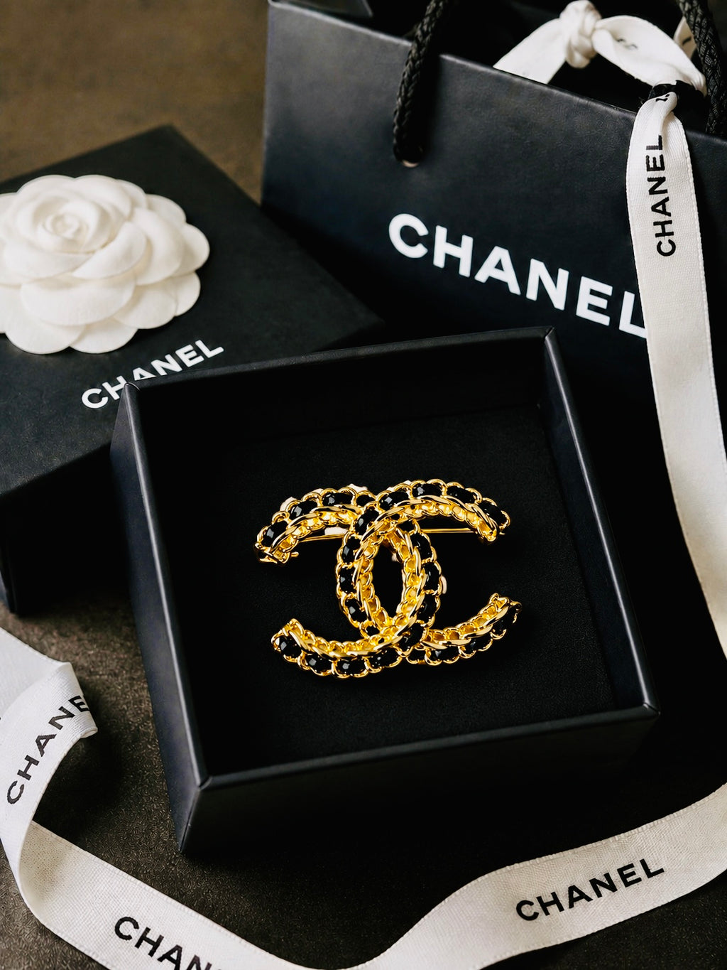 CHANEL Leather Braided Gold Brooch