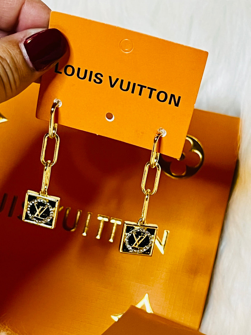 LV Logo Gold & Black with Rhinestone Accent Earrings