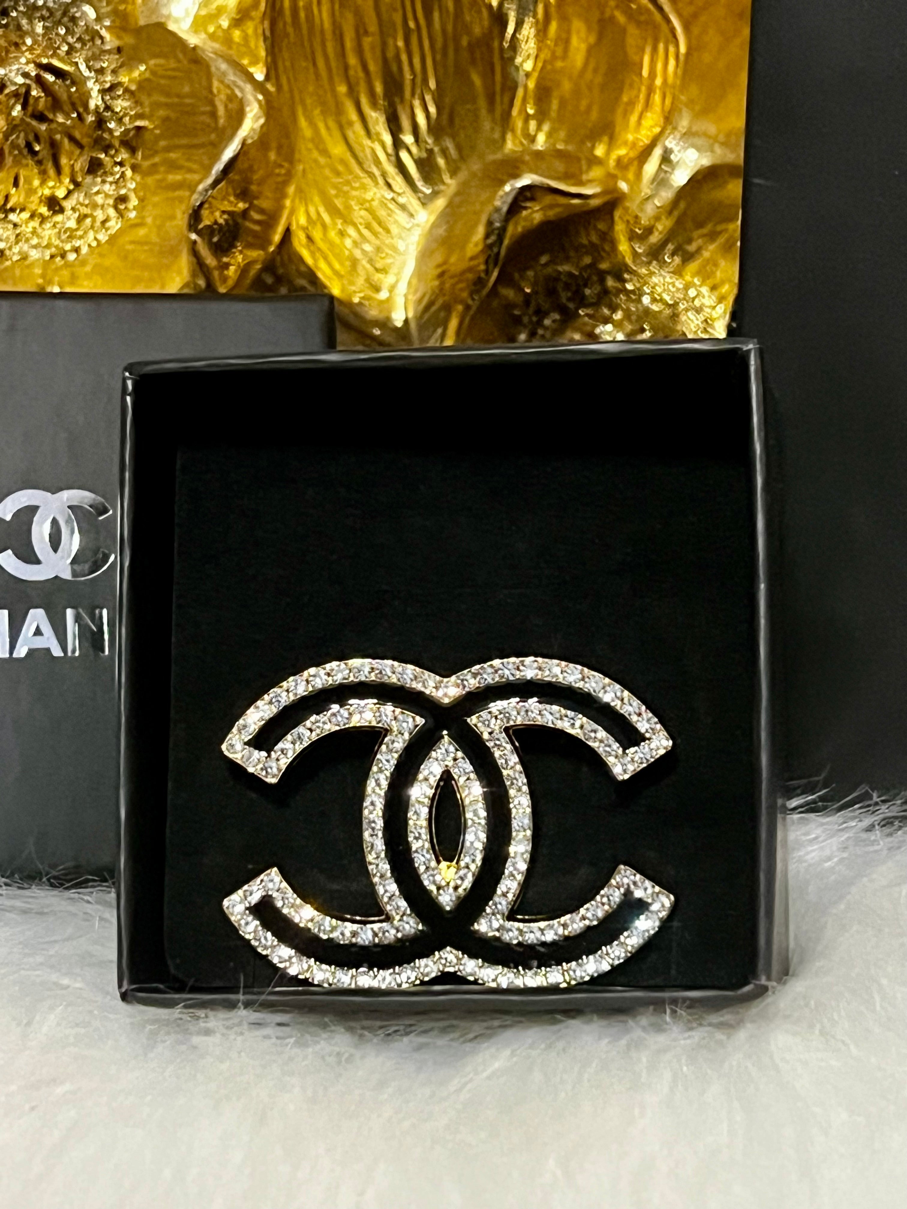 CHANEL Gold & Black Brooch with Stunning Crystal Accents L