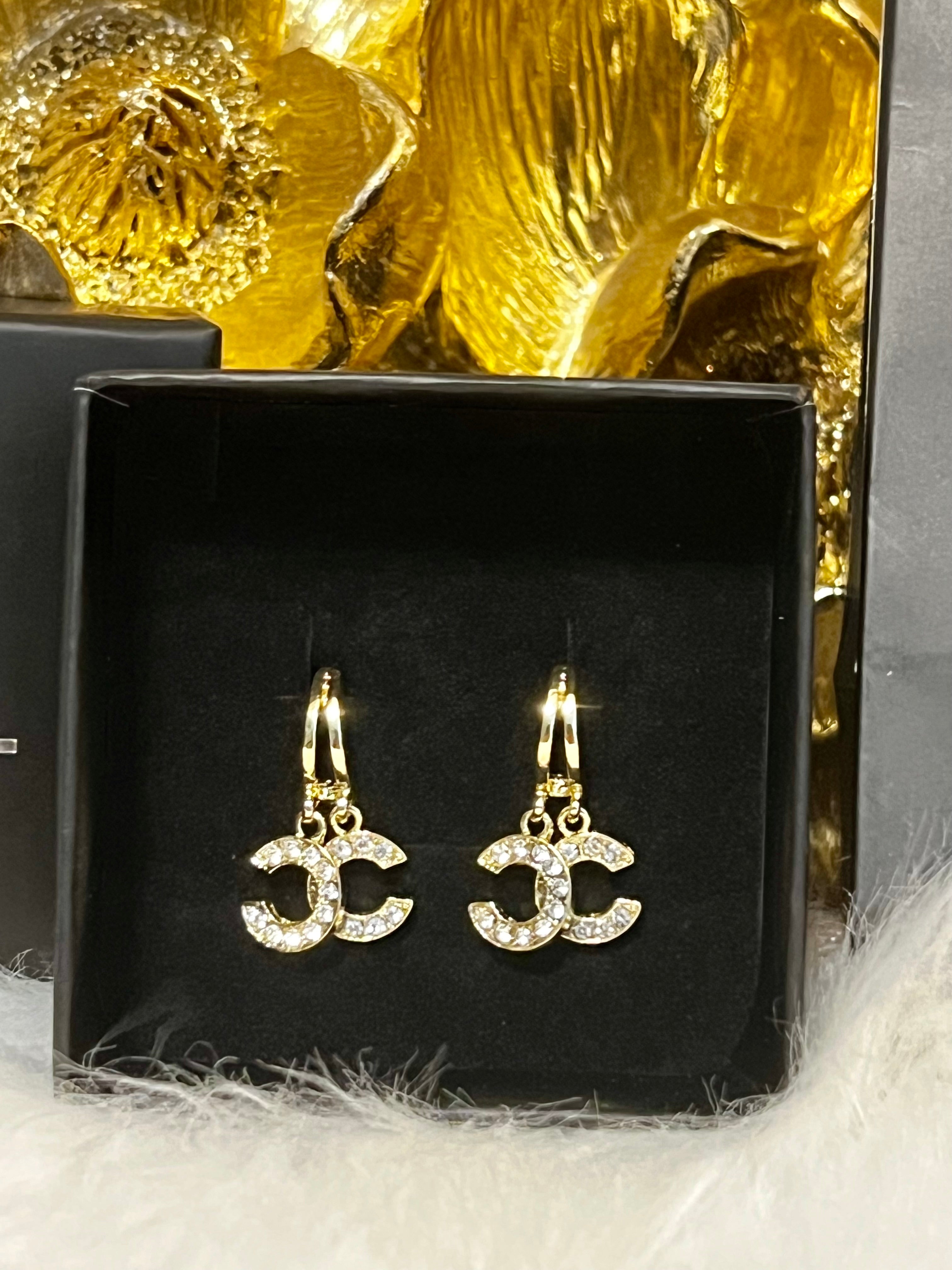 CHANEL Iconic Logo Earrings Gold with Stunning Crystal Accents A