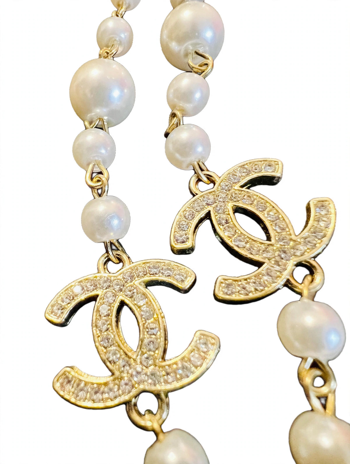 Vintage Chanel Long Pearl Sautoir Necklace - Gold Chain with Graduated Pearls & Crystal CC Charms - 36"