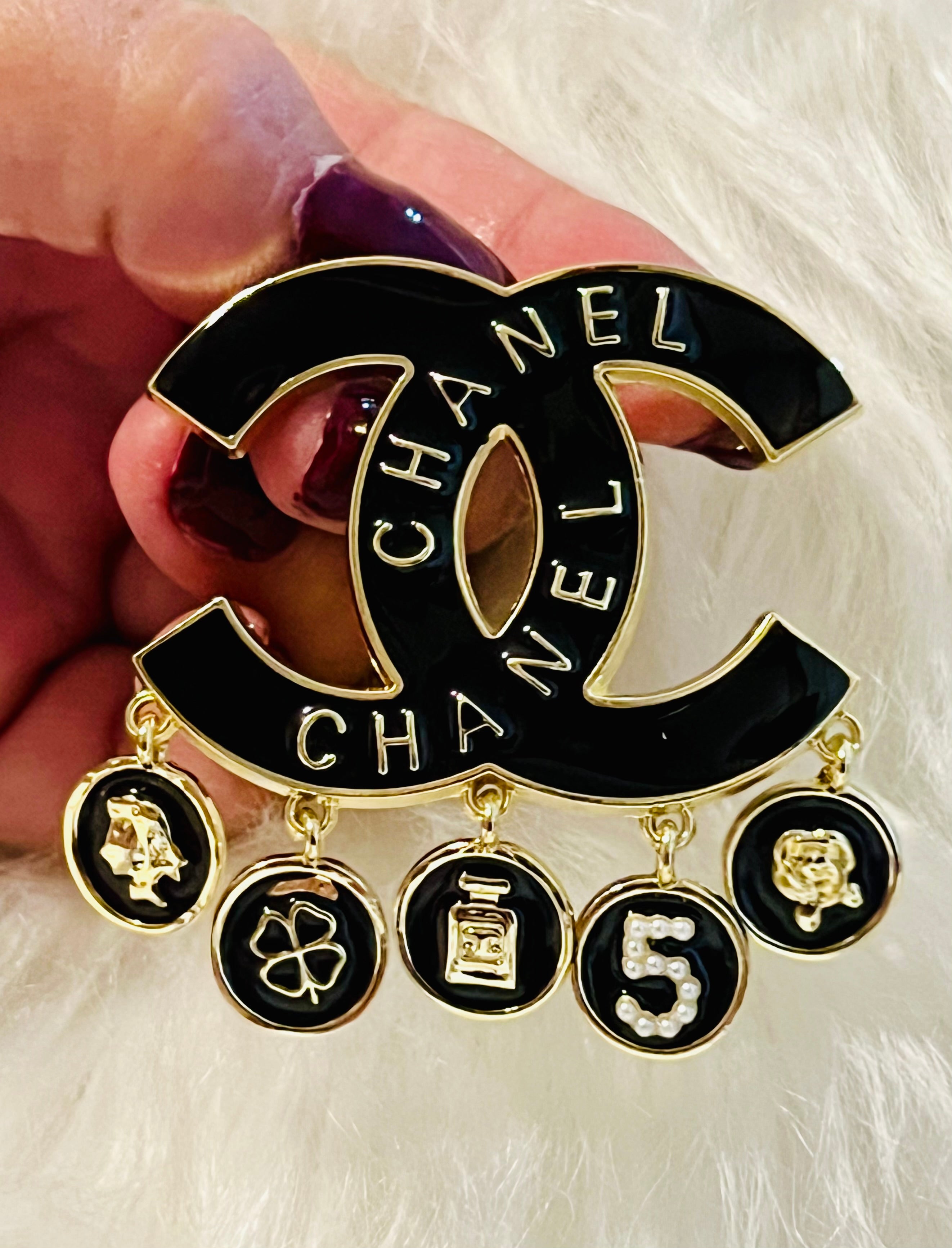 CHANEL Black with Gold Accents Drop Dangle Brooch