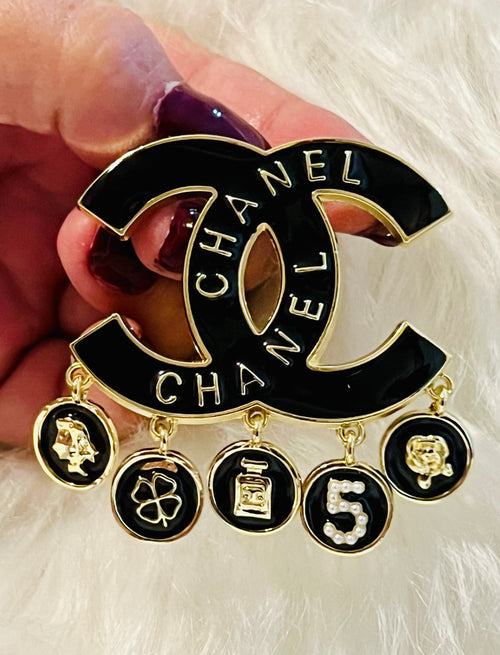 CHANEL Black with Gold Accents Drop Dangle Brooch