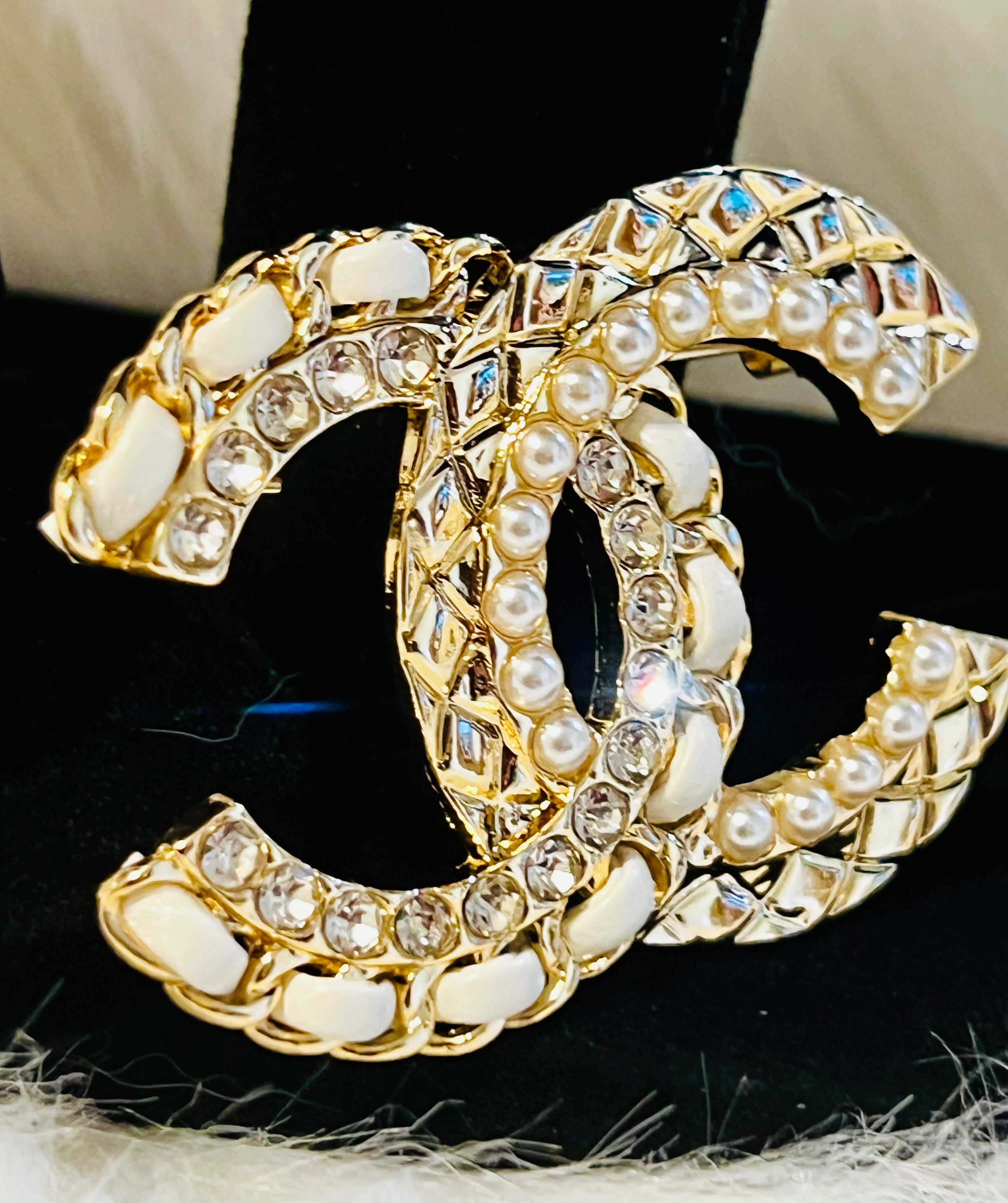 CHANEL Gold & White with Rhinestone & Pearl Accent Braided Brooch