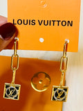 LV Logo Gold & Black with Rhinestone Accent Earrings