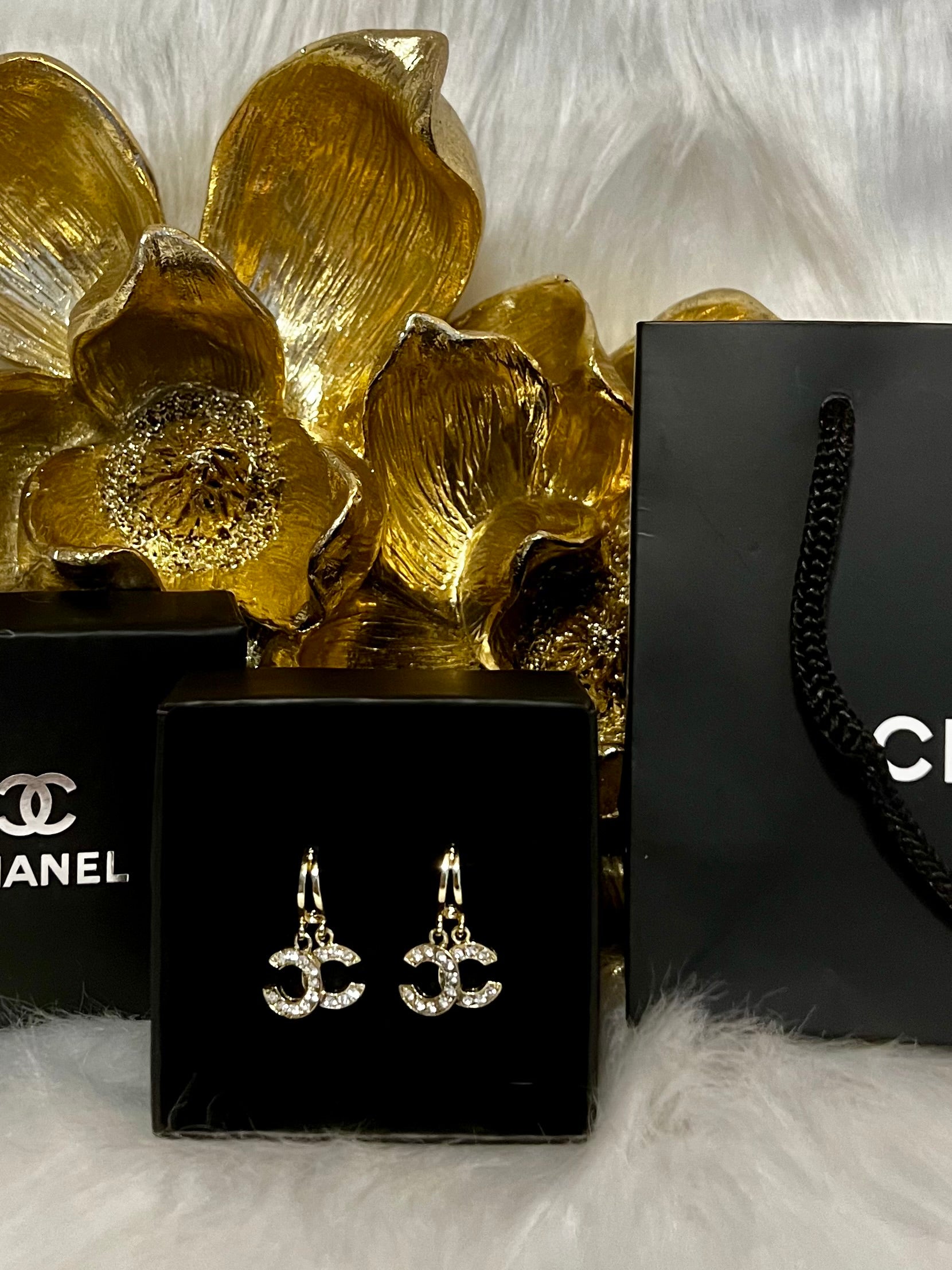 CHANEL Iconic Logo Earrings Gold with Stunning Crystal Accents A