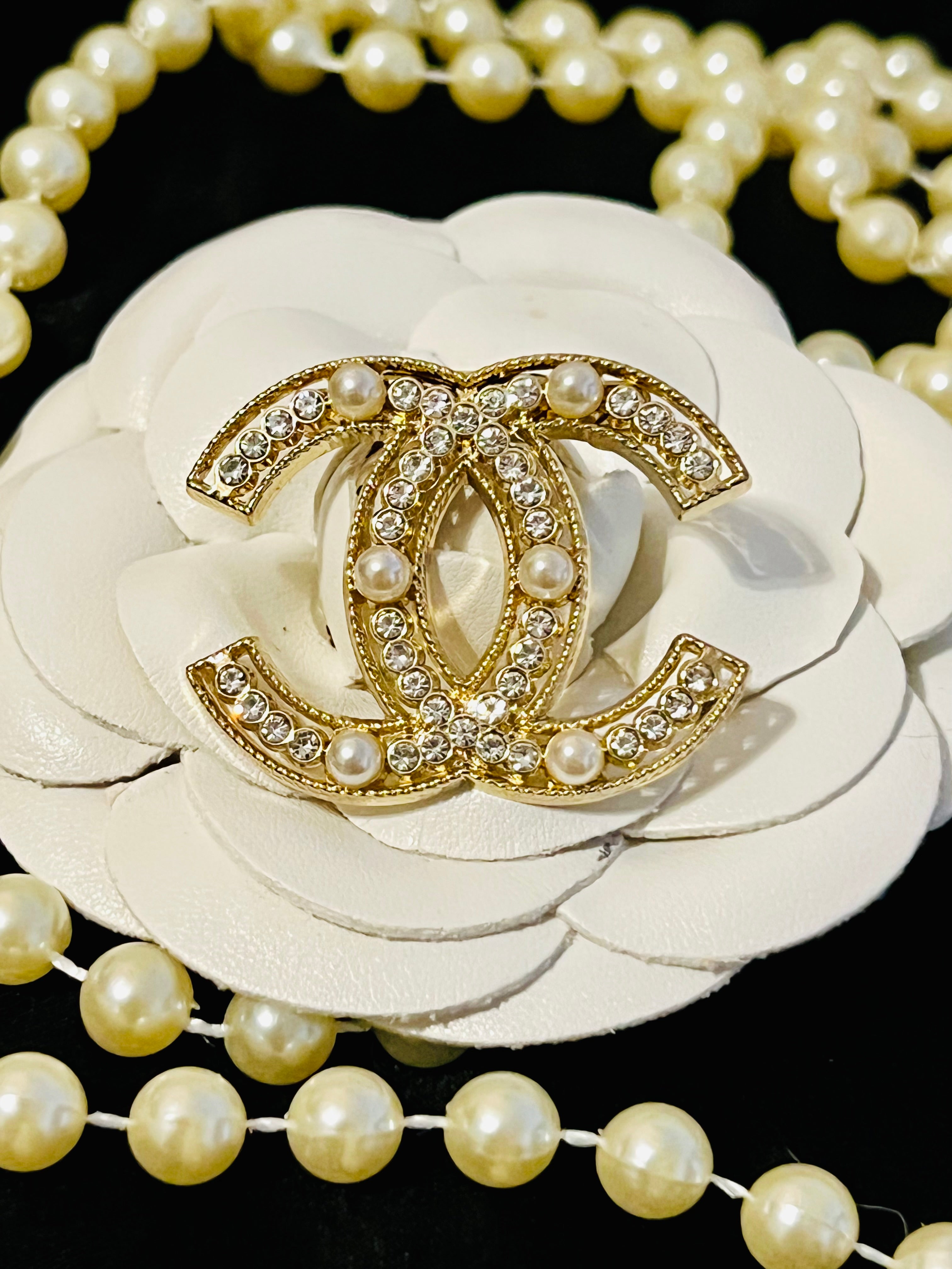 Stunning CHANEL Gold Crystal Brooch with Pearl Accents