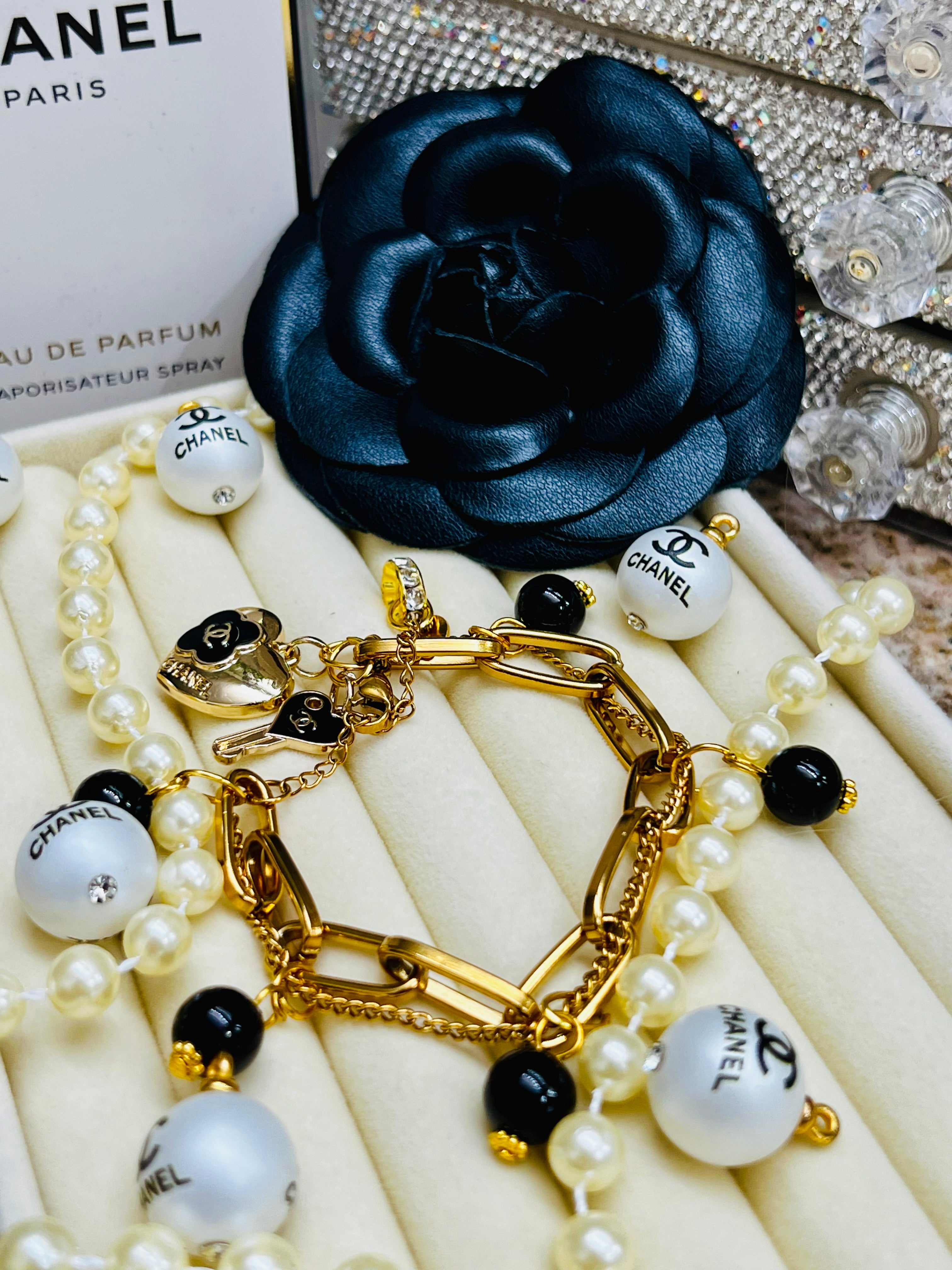 CHANEL Gold & Black Charm Chain Bracelet Heart Dangle