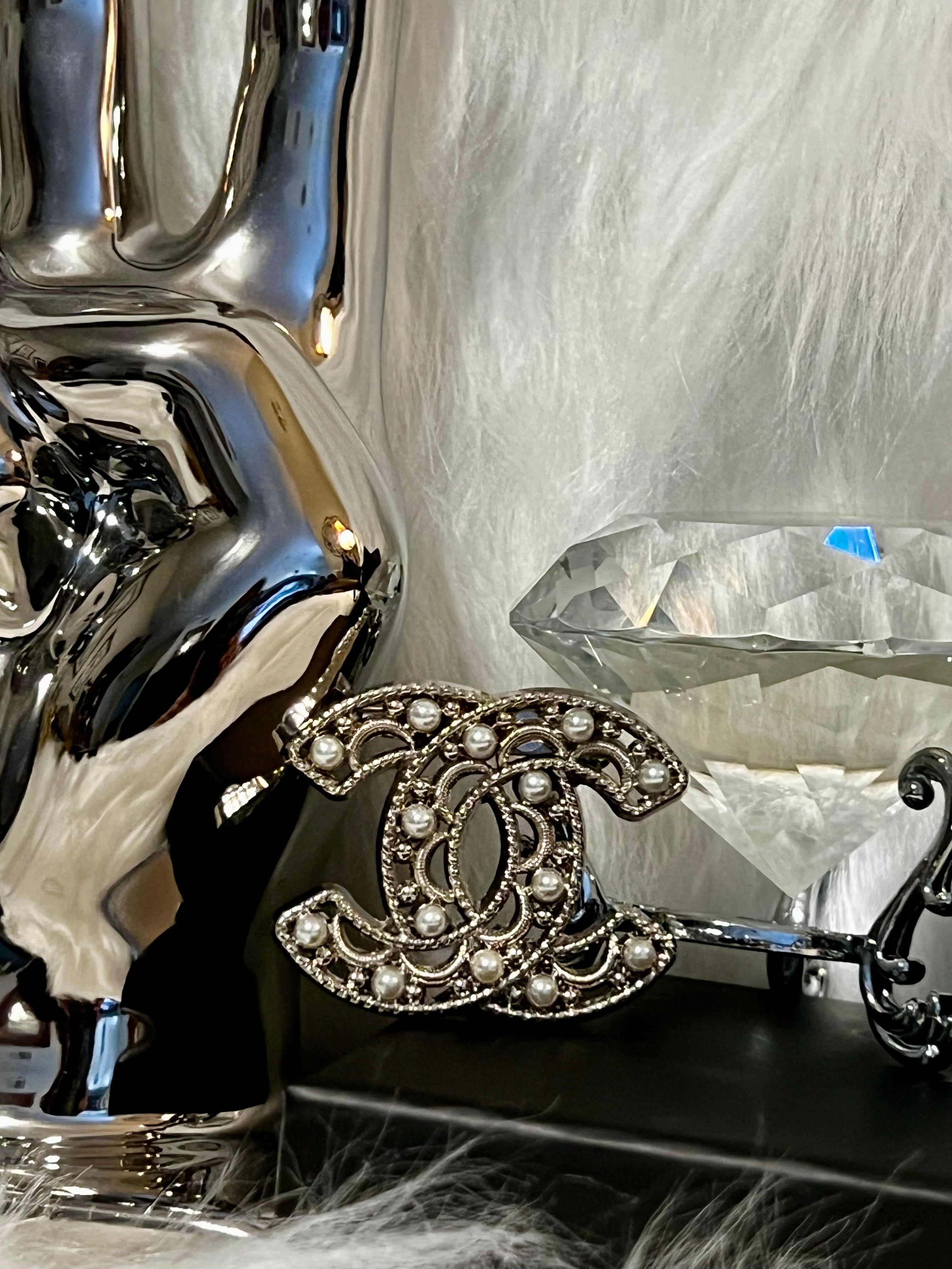 CHANEL Iconic Logo Silver with Pearl Accent Brooch M