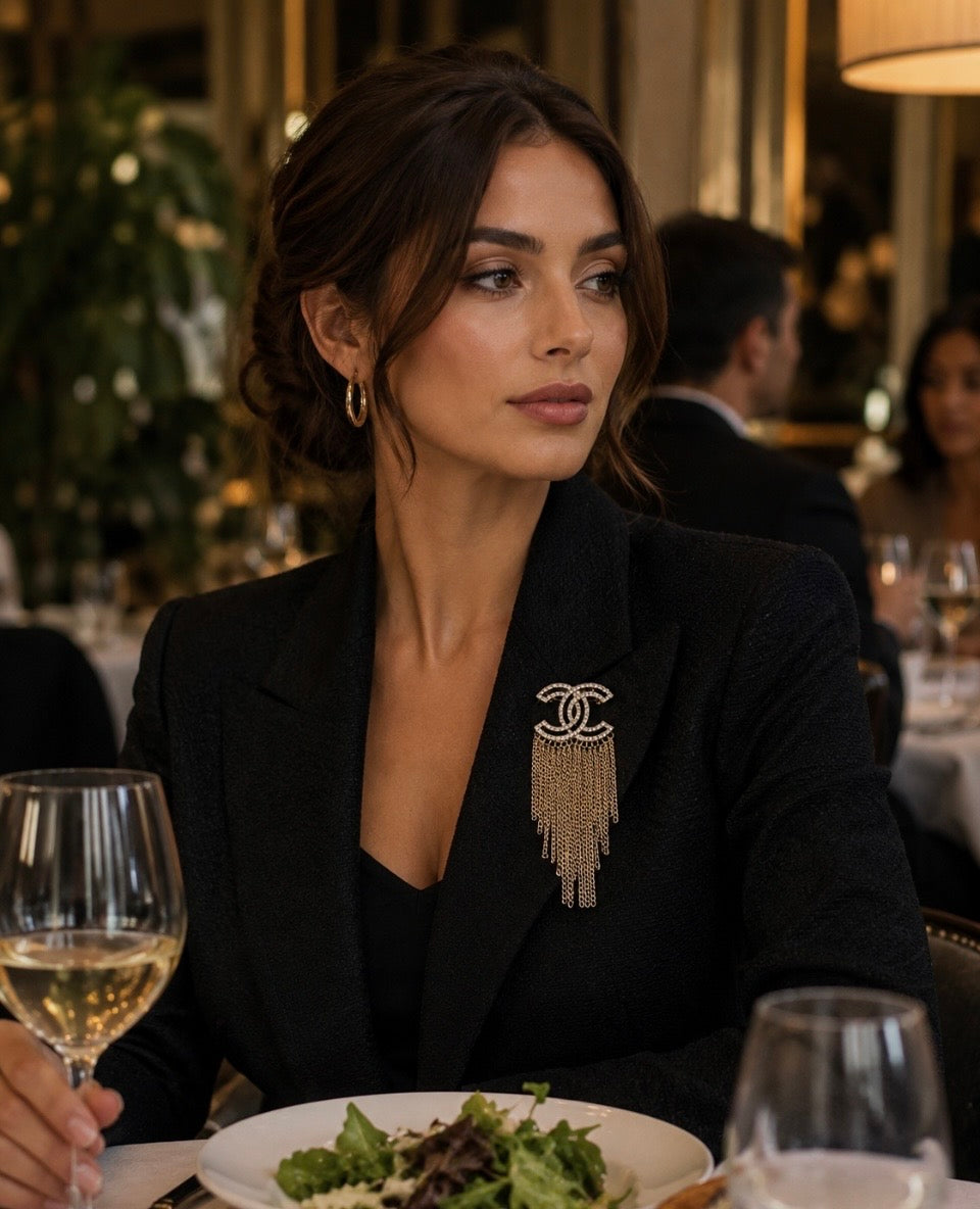 Chanel Gold Crystal Chain Fringe Brooch