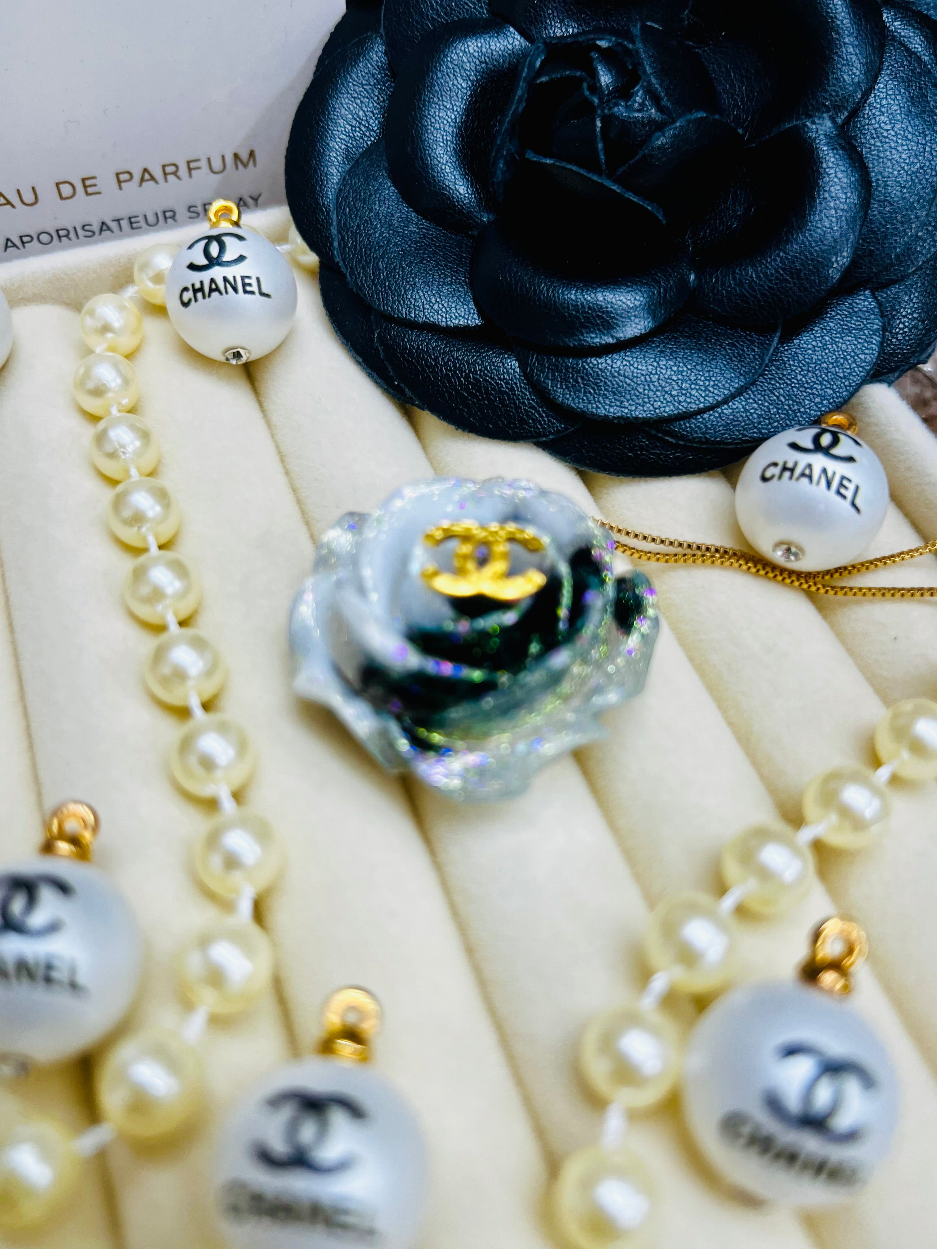 CHANEL Black & Blue with Gold LetteringFlower Pendant Necklace