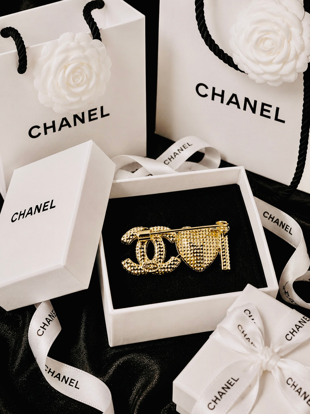 I Love CHANEL Gold with Crystal & Rhinestone Brooch