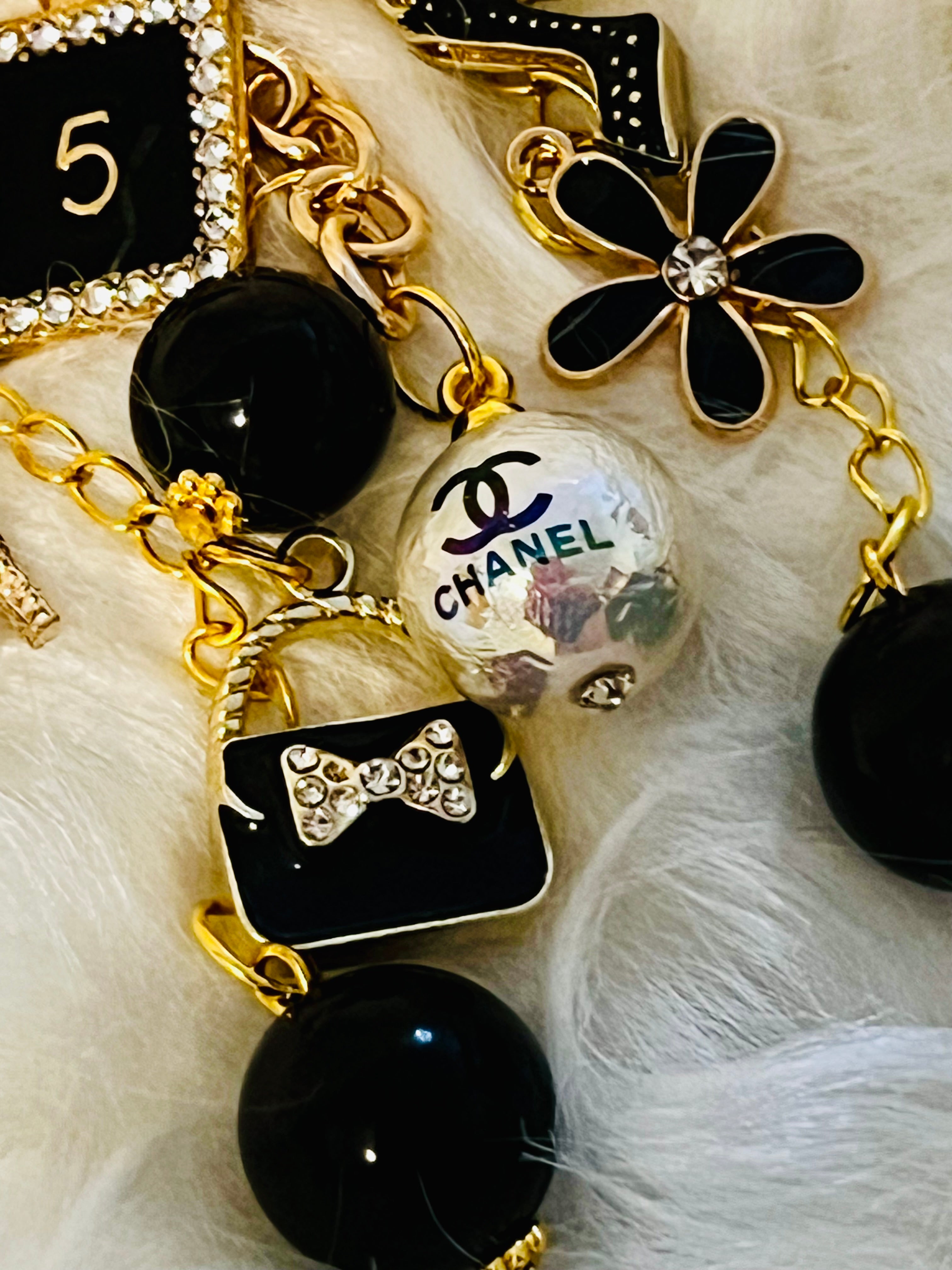 Chanel Inspired all Black Glam Style Bag Charm Keychain- Rhinestone No 5, Stilettos, bow, bag, flower