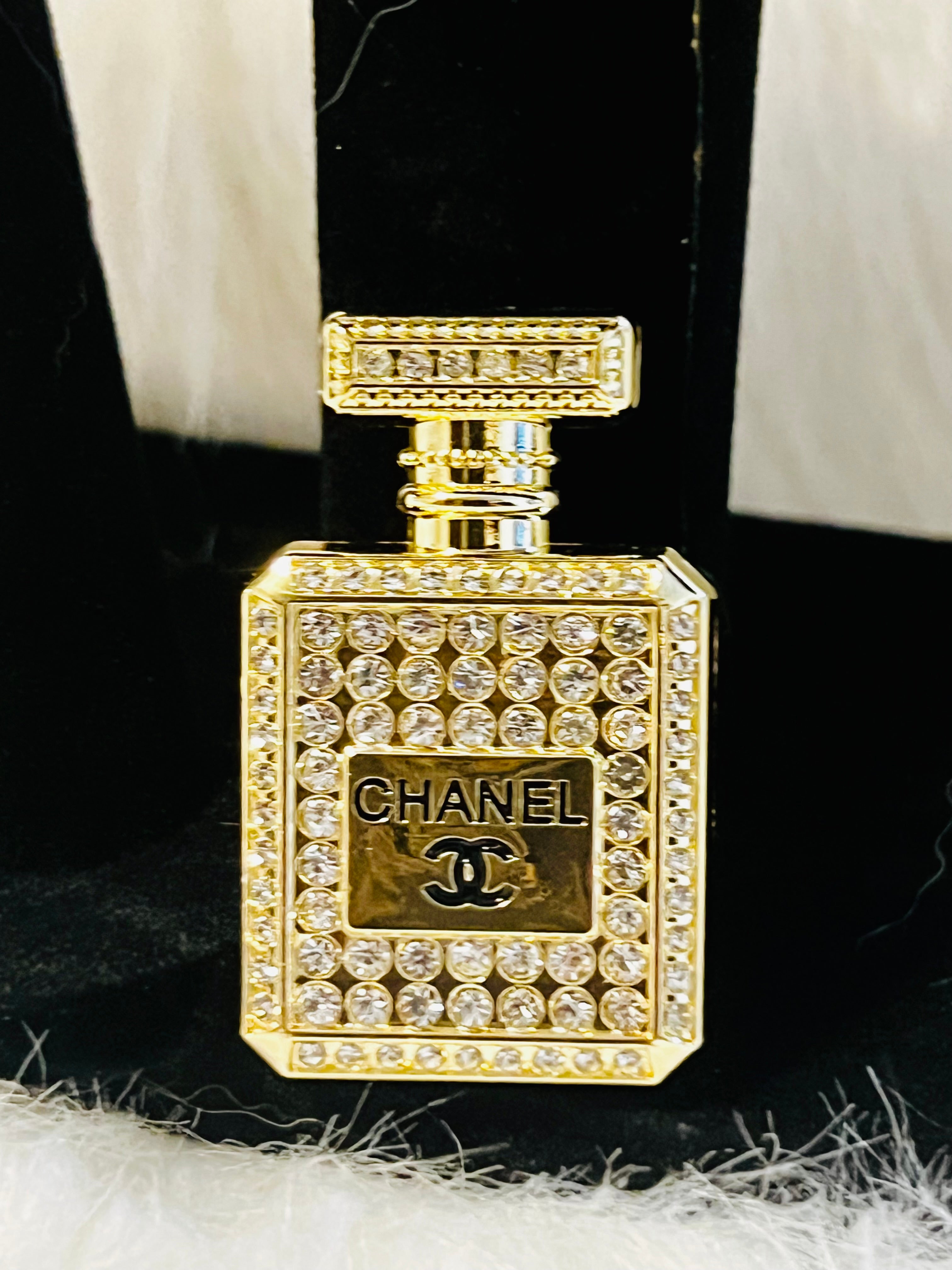 CHANEL Gold with Rhinestone Perfume Bottle Brooch