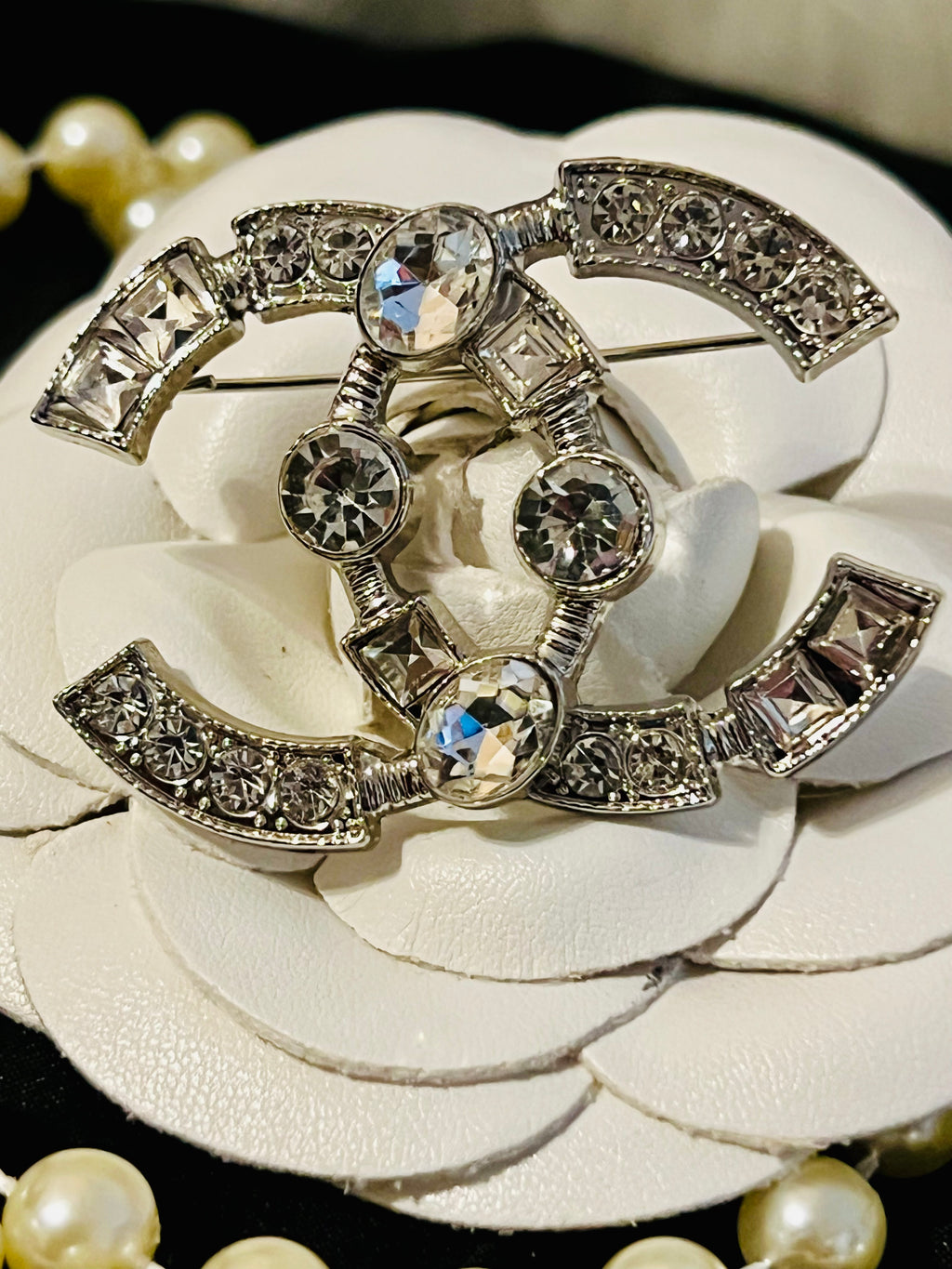 CHANEL Silver with Rhinestone Accent Brooch
