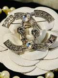 CHANEL Silver with Rhinestone Accent Brooch