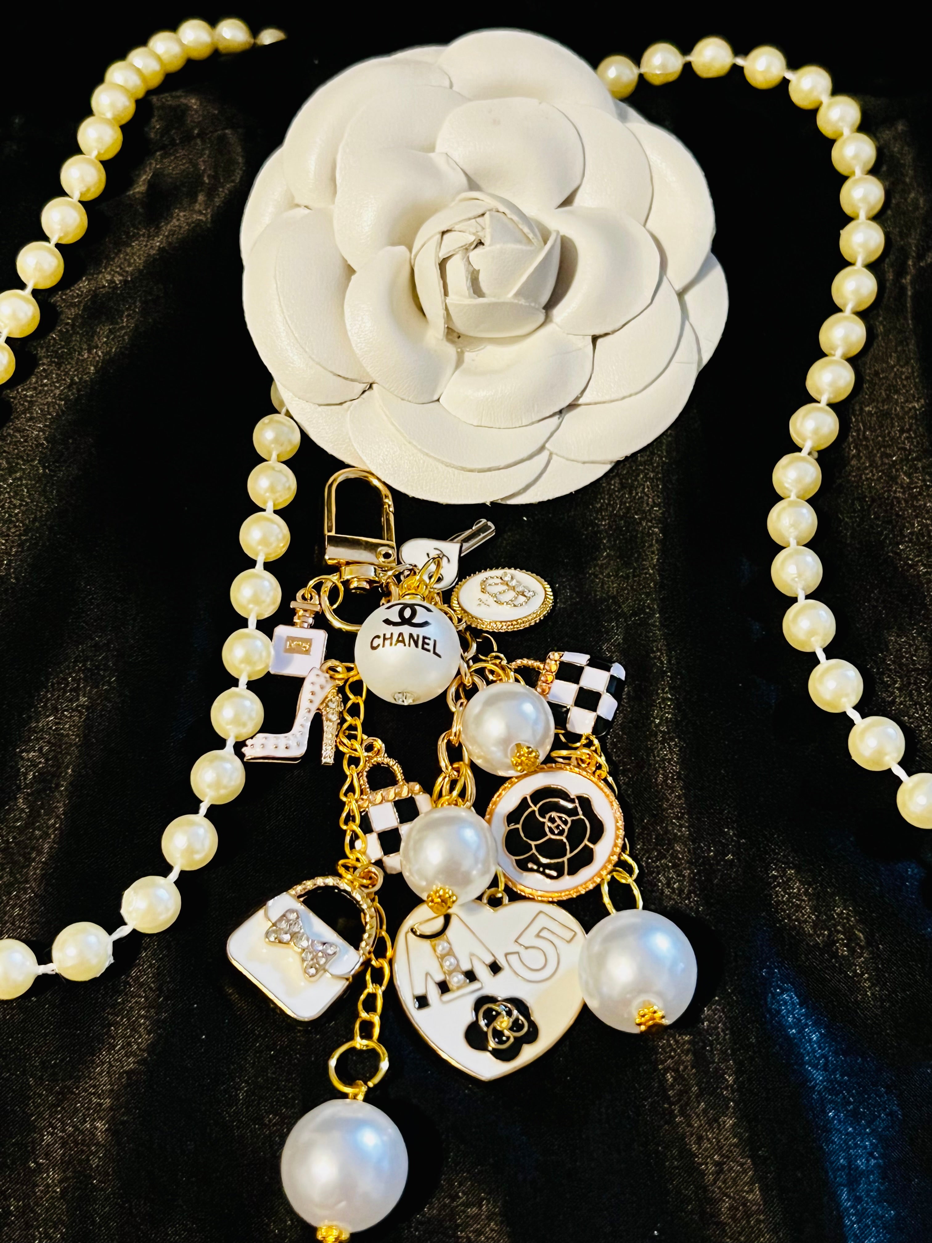 Chanel Inspired Pearl Bag Charm- white Black gold keychain, No 5 Heart, Camellia, High Heel, and Mini Bags