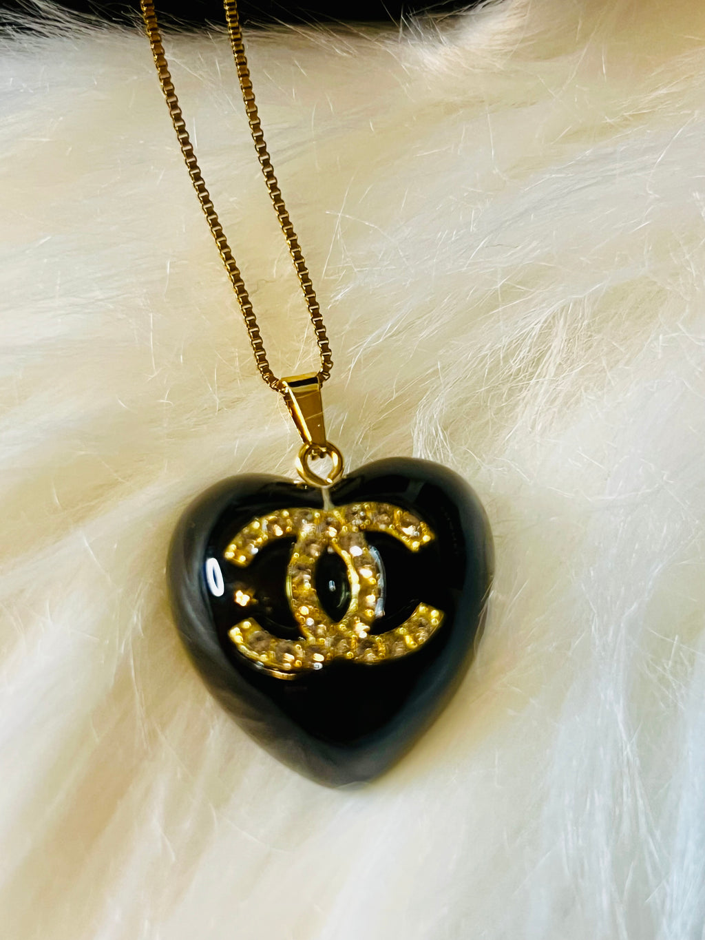 CHANEL Black Stone with Gold Lettering Heart Pendant Necklace
