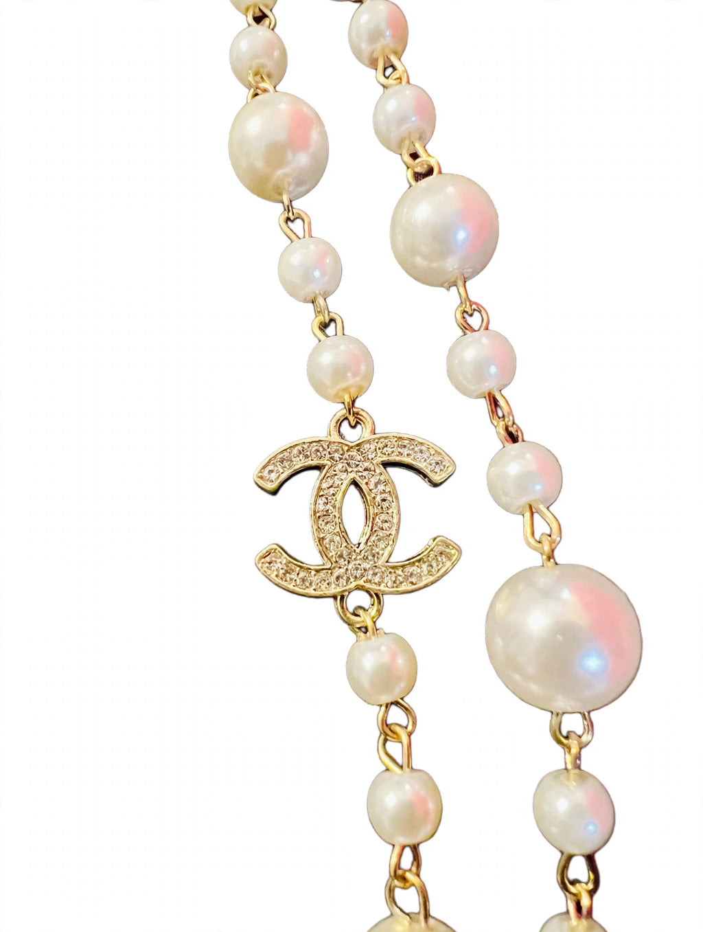 Vintage Chanel Long Pearl Sautoir Necklace - Gold Chain with Graduated Pearls & Crystal CC Charms - 36"