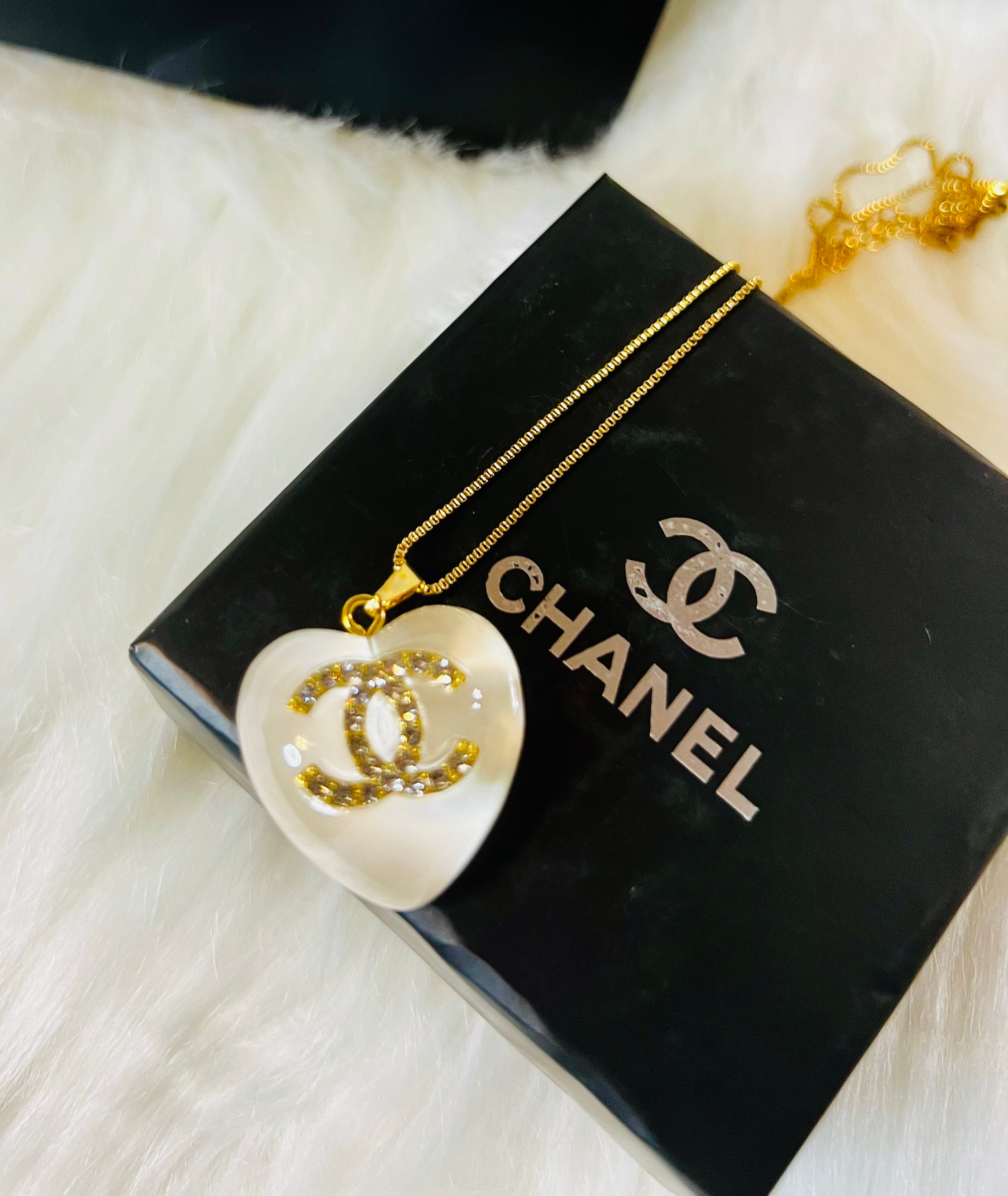 CHANEL White Stone with Gold Lettering Heart Pendant Necklace