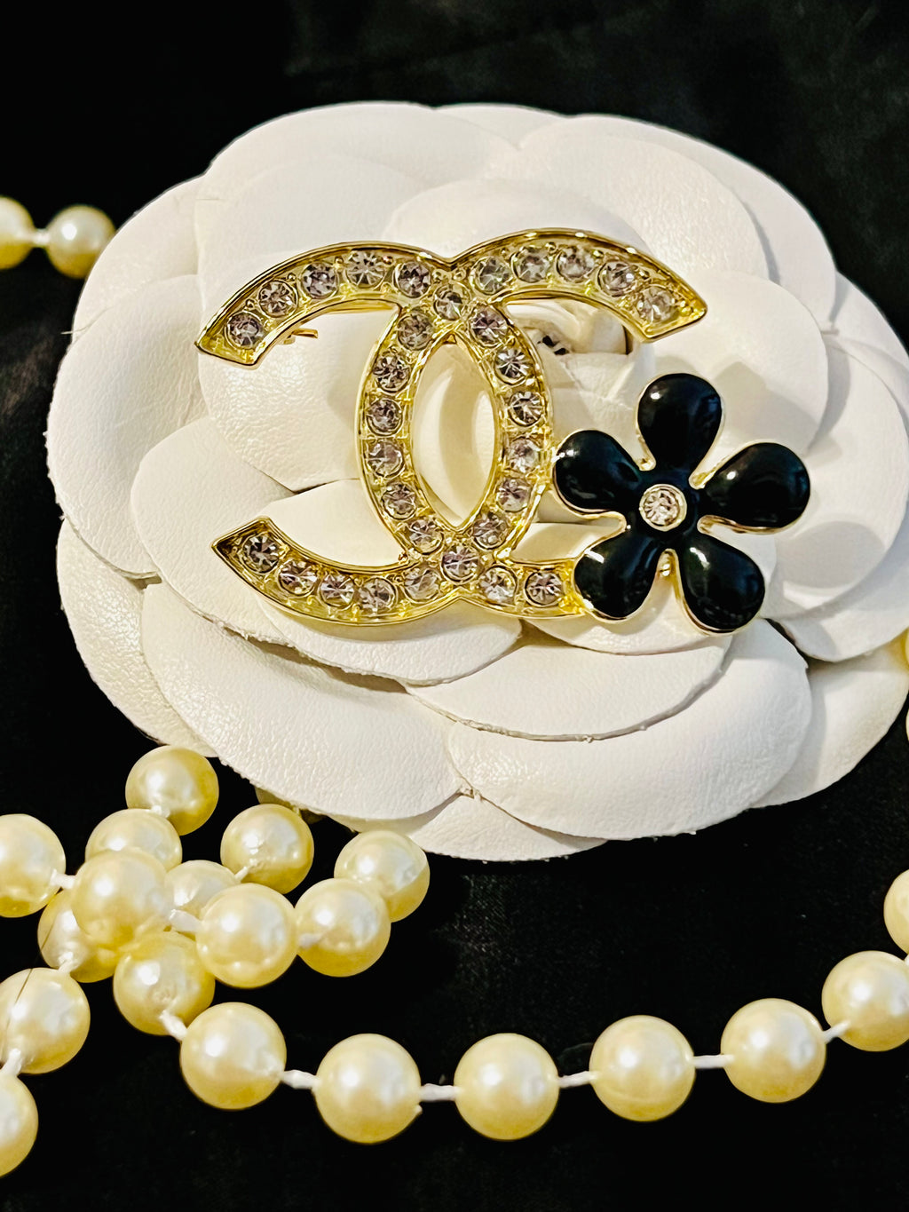 CHANEL Gold Rhinestone with Black Flower Brooch