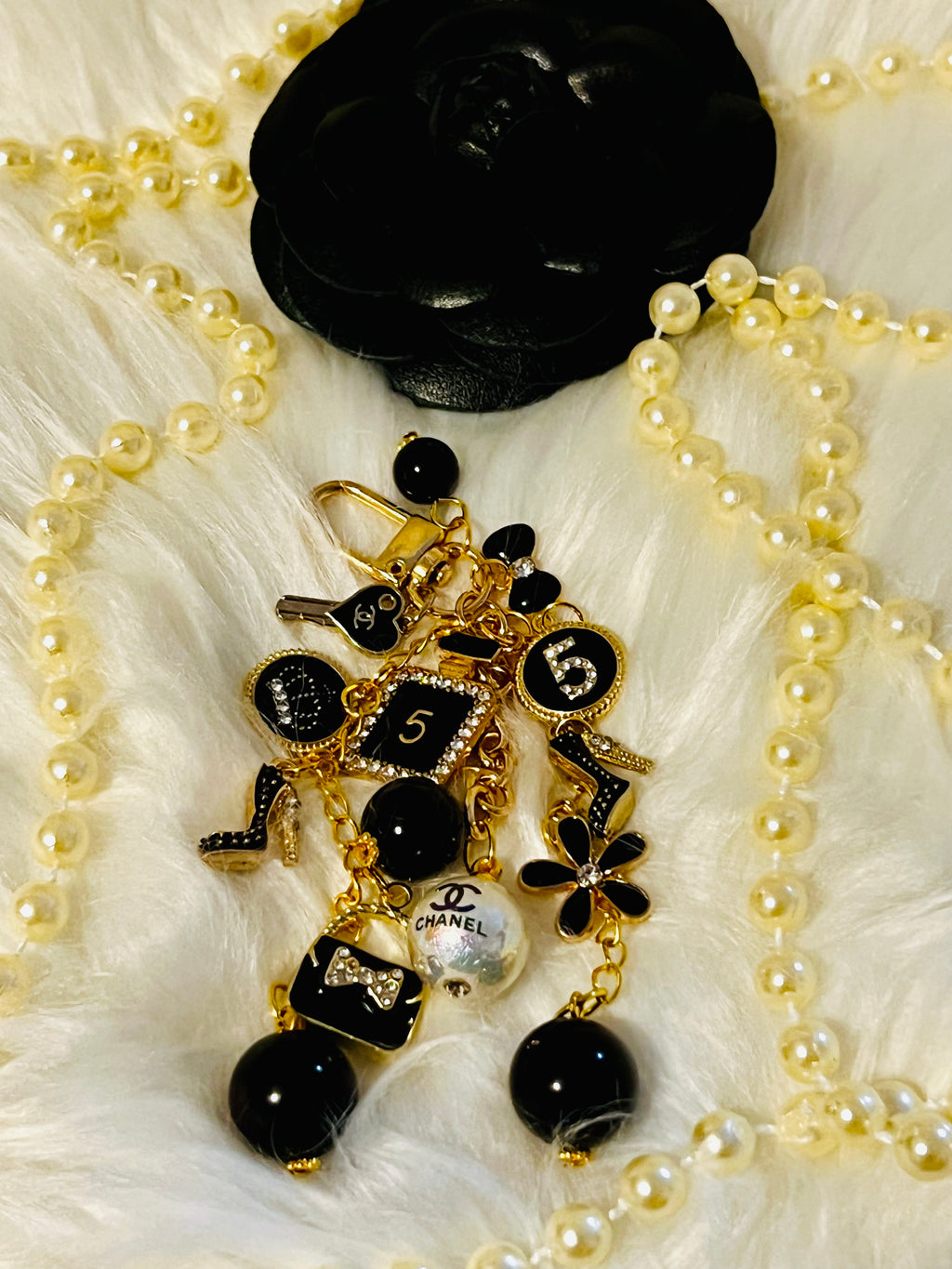 Chanel Inspired all Black Glam Style Bag Charm Keychain- Rhinestone No 5, Stilettos, bow, bag, flower