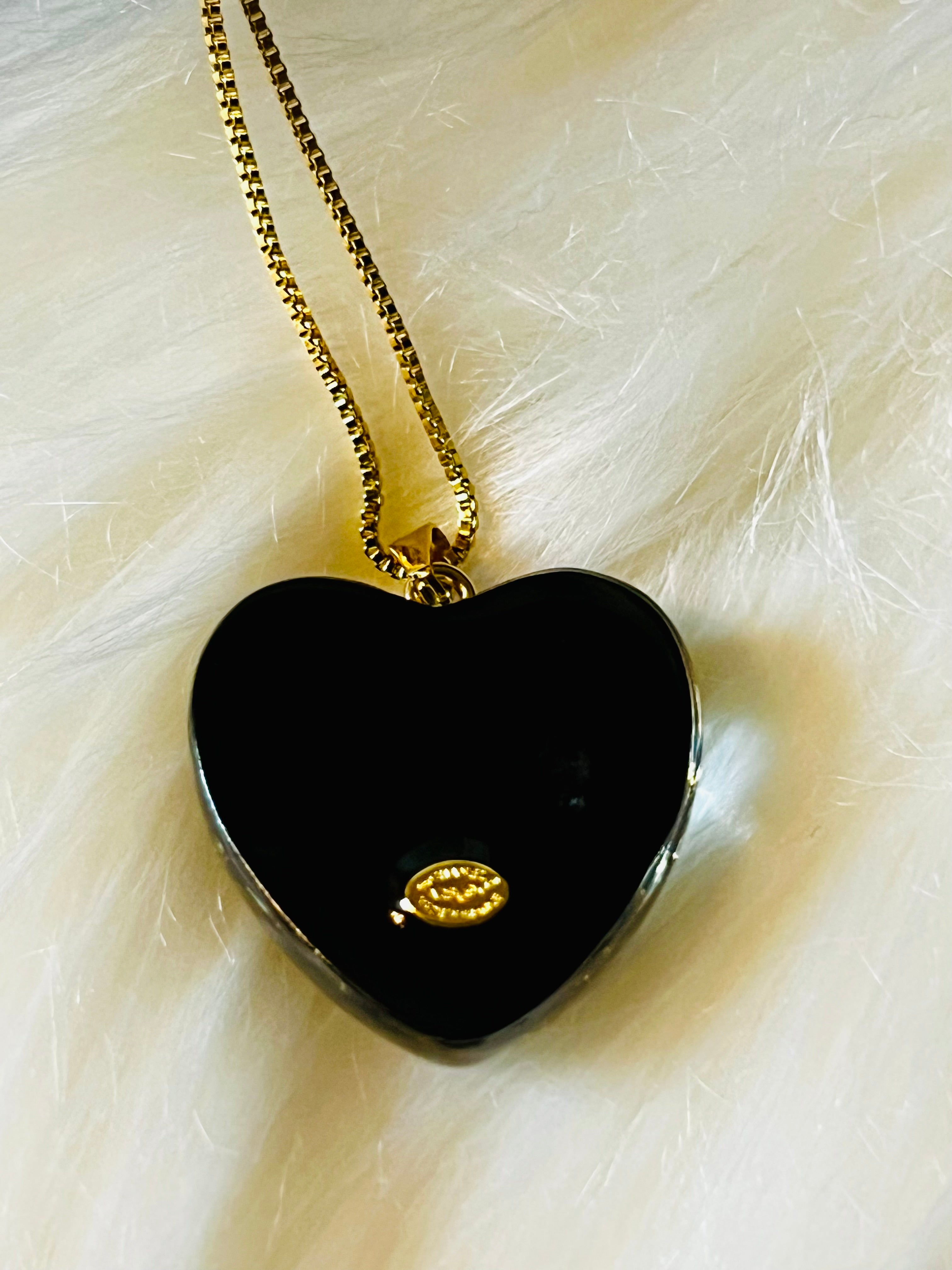 CHANEL Black Stone with Gold Lettering Heart Pendant Necklace