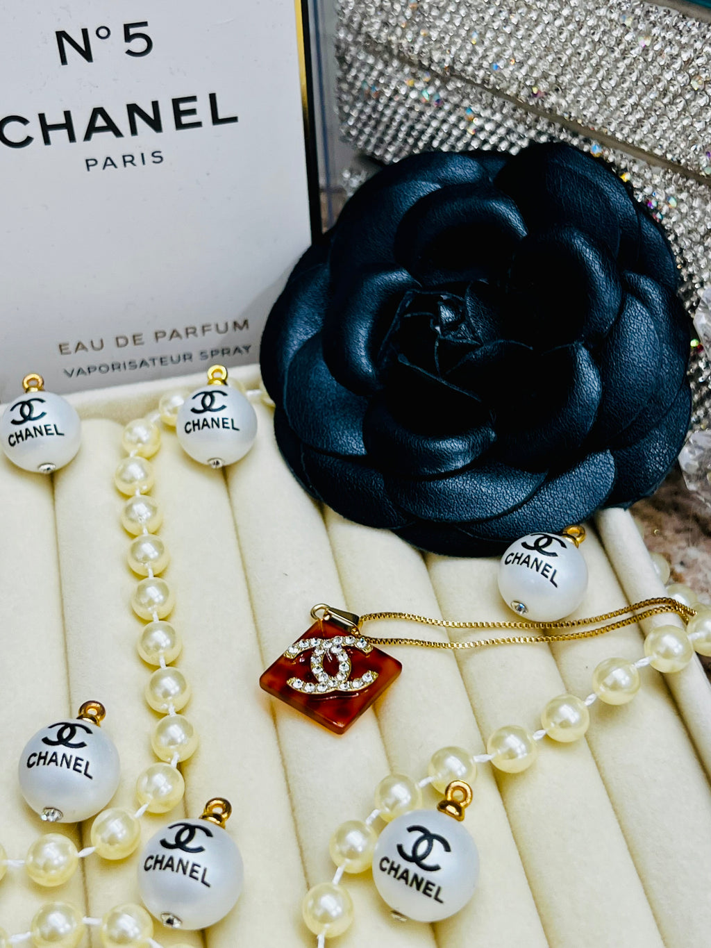 CHANEL Cheetah Print with SilverLettering Diamond Pendant Necklace