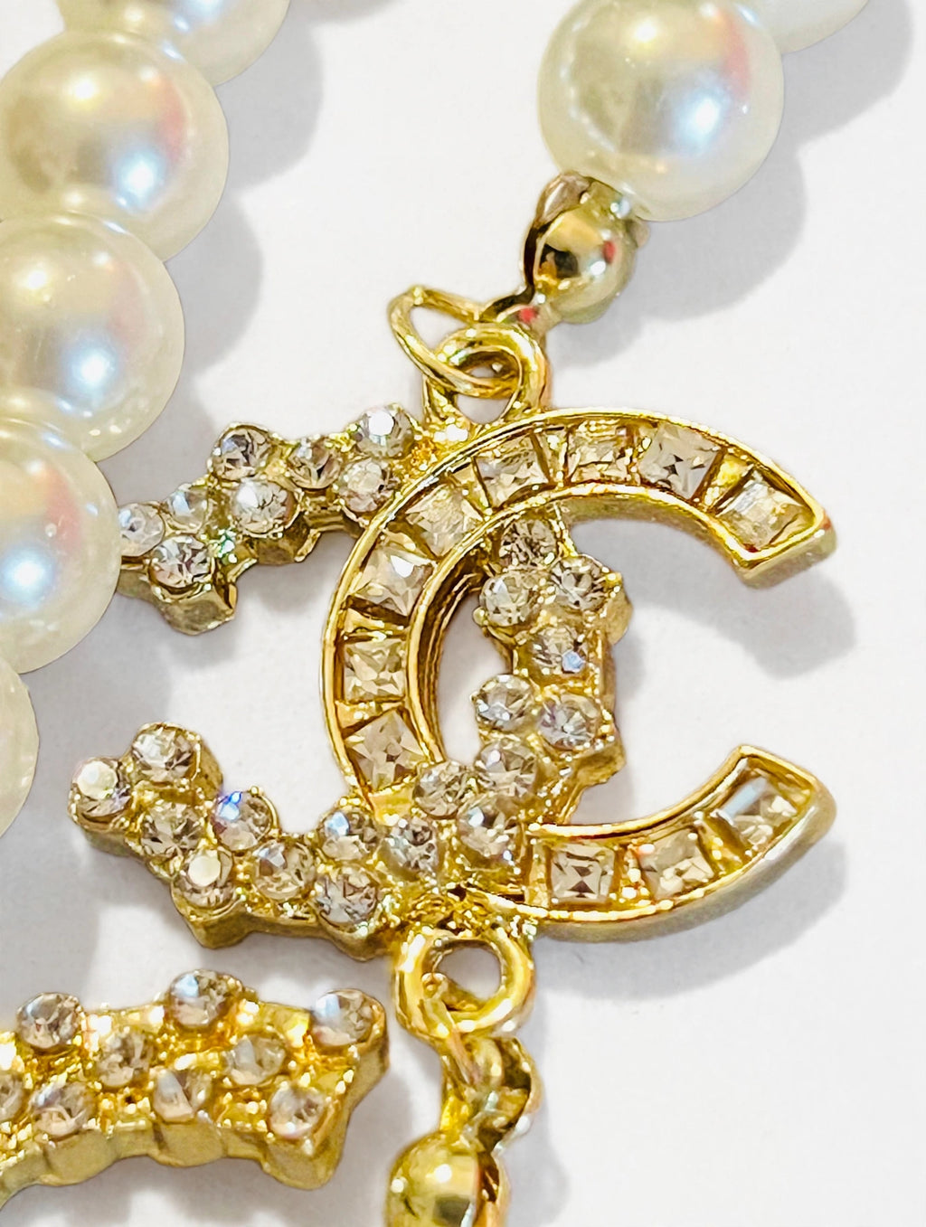 Vintage Chanel Double Strand Faux Pearl Necklace with Crystal Interlocking CC Charms