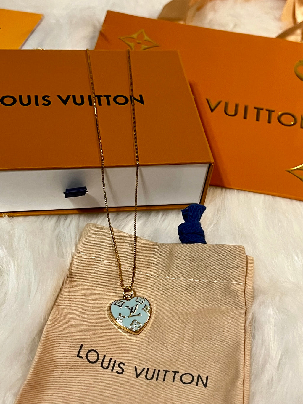 LV Teal & Black Heart Pendant Box Chain Necklace