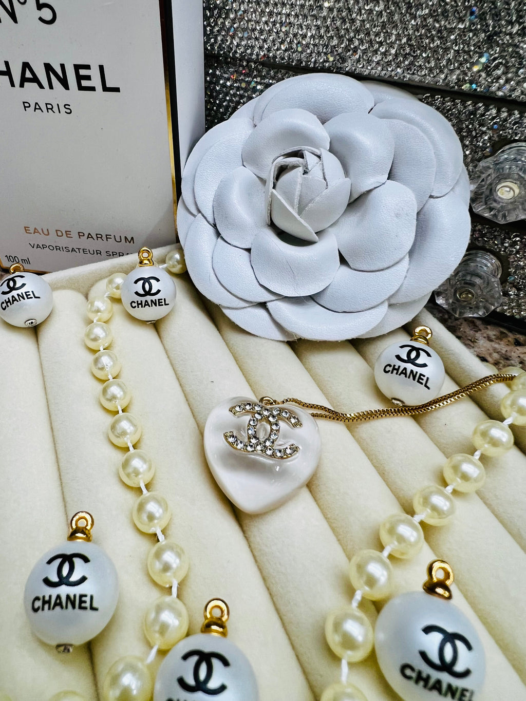 CHANEL White Stone with Gold Lettering Heart Pendant Necklace