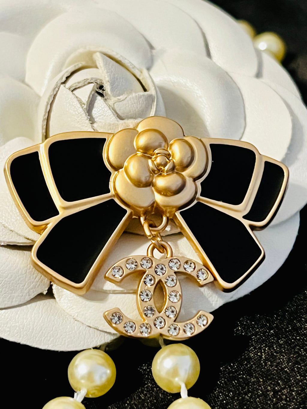 CHANEL Black & Gold Bow Drop Dangle Brooch