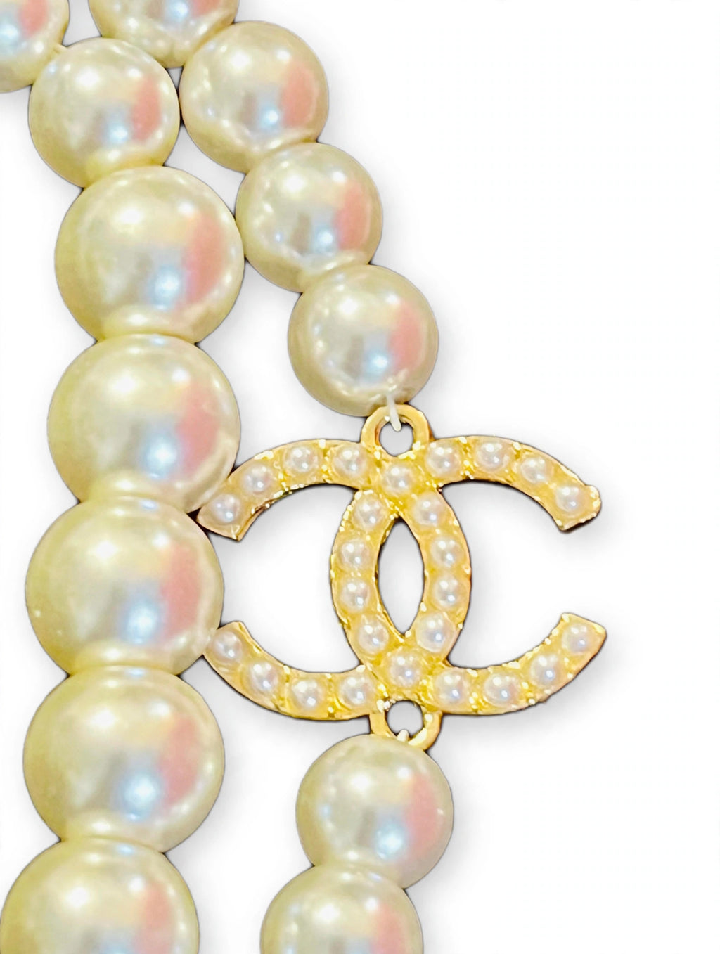 CHANEL Double Strand Pearl Necklace w/ Crystal CC Logos - Graduated Faux Pearls, Gold Tone Extender Chain