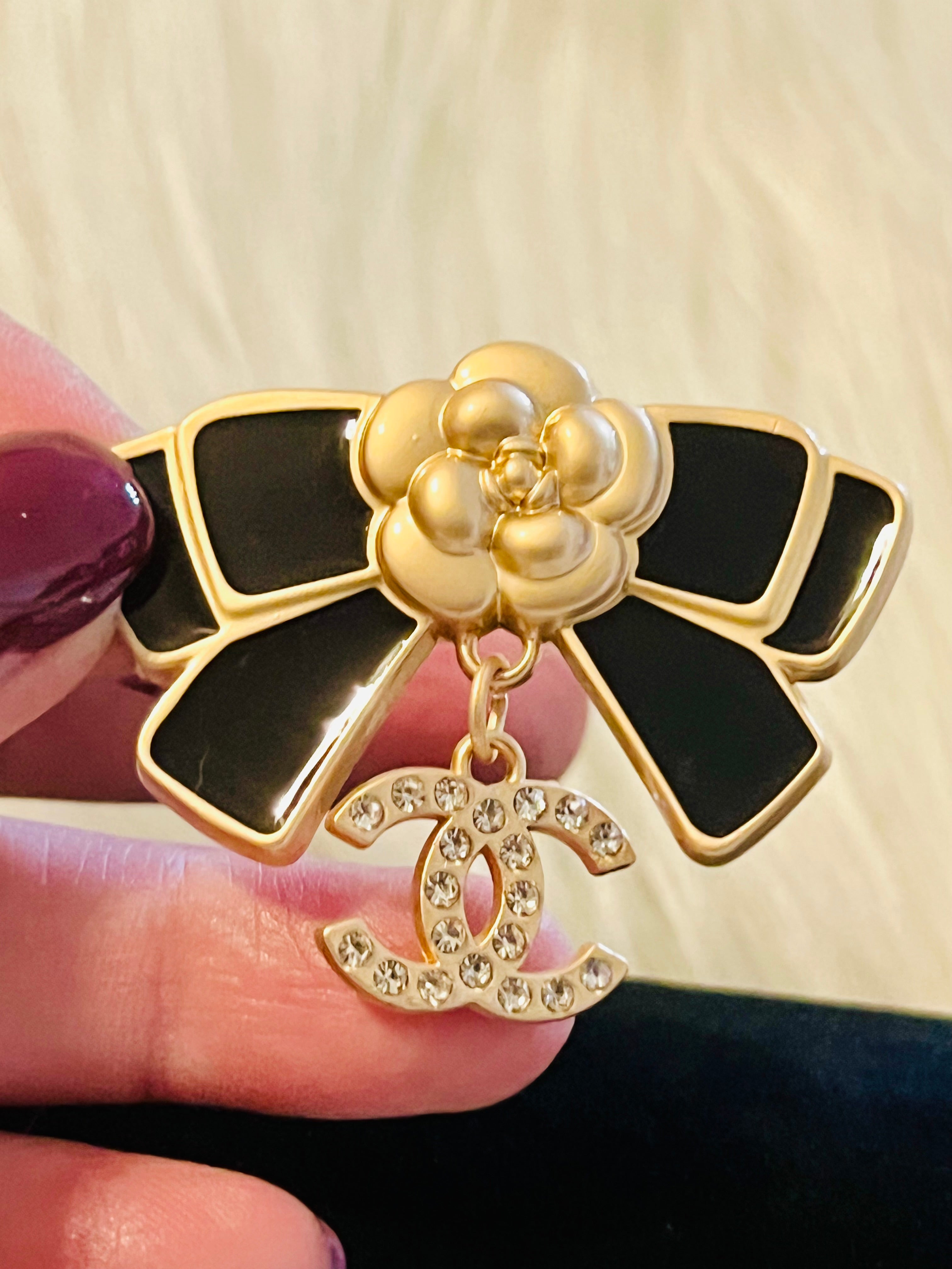 CHANEL Black & Gold Bow Drop Dangle Brooch