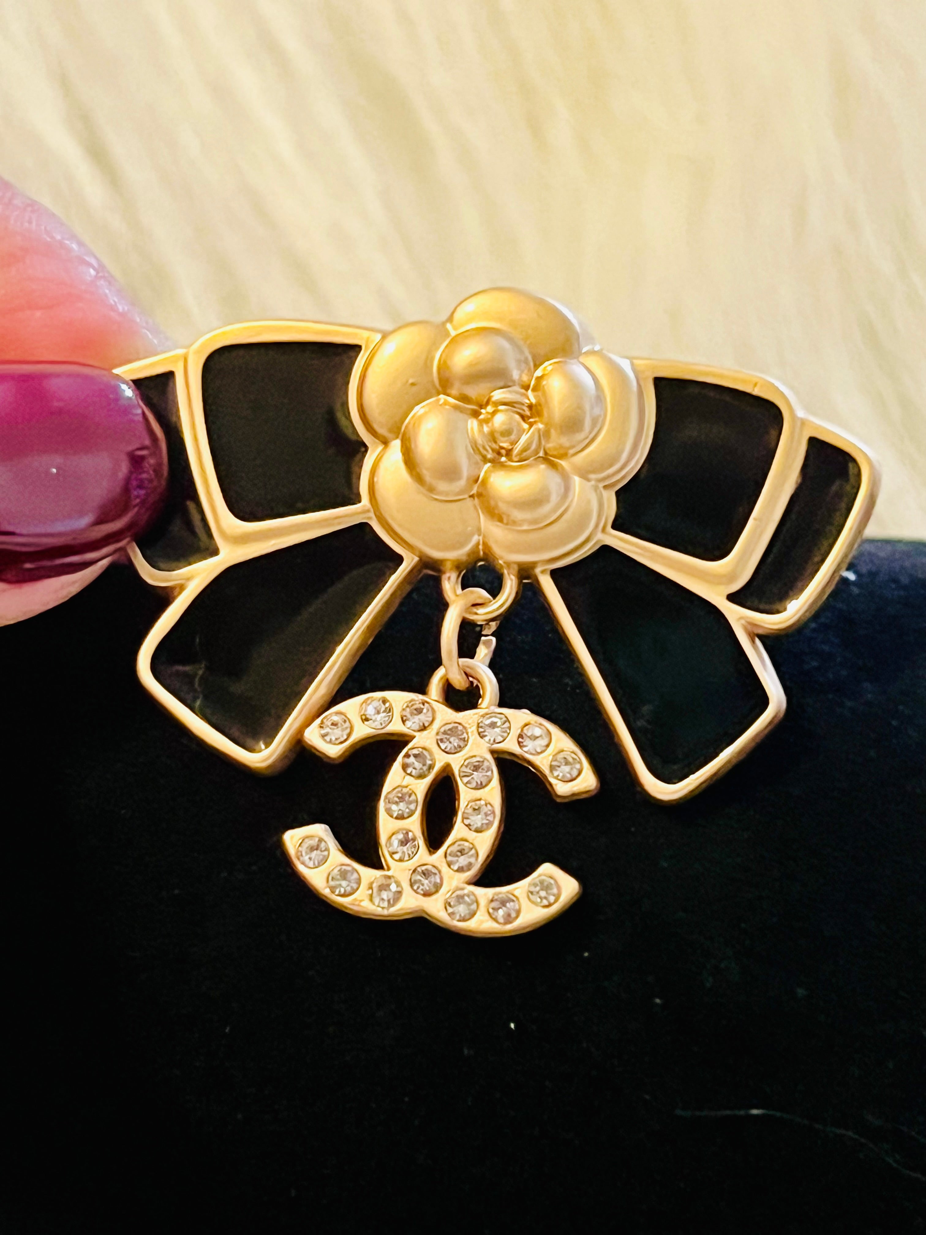 CHANEL Black & Gold Bow Drop Dangle Brooch