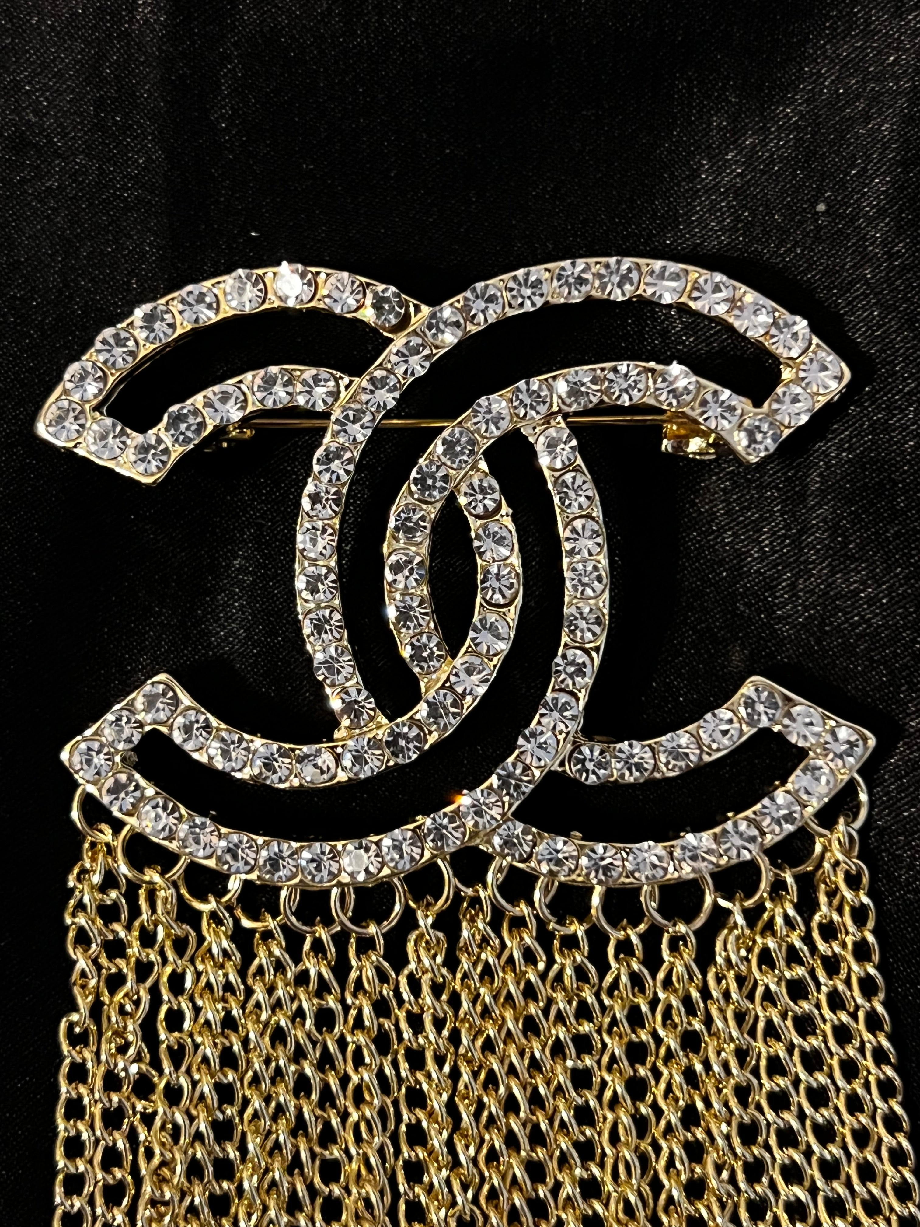 Chanel Gold Crystal Chain Fringe Brooch